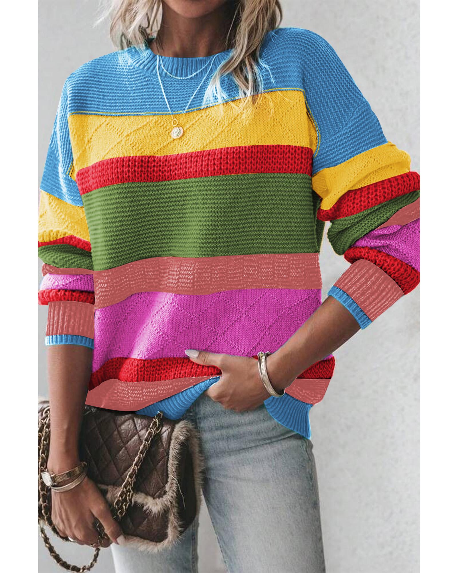 V539-AZEXDC2725437-P422-M-202508281410-00 Light Blue Colorblock Mixed Textured Drop Shoulder Sweater - M - Image 1