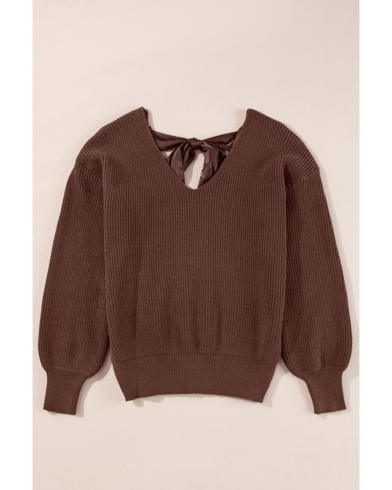 V539-AZEXDC2725453-P1017-L-202506132232-00 Coffee Lantern Sleeve V Neck Knot Back Sweater - L - Image 1