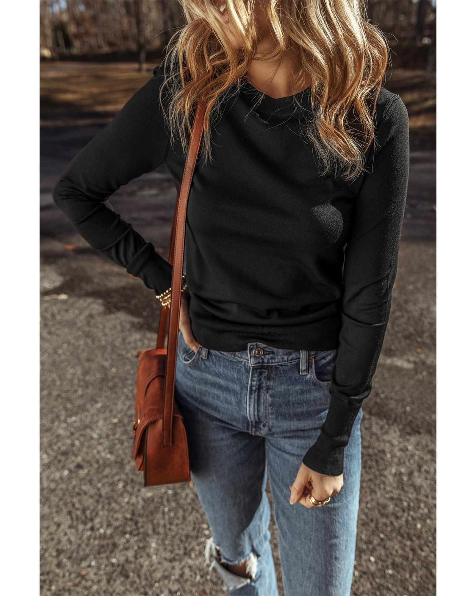 V539-AZEXDC2725474-P2-M-202508291420-00 Black Solid Color Slim Fit Lightweight Crew Neck Sweater - M - Image 1