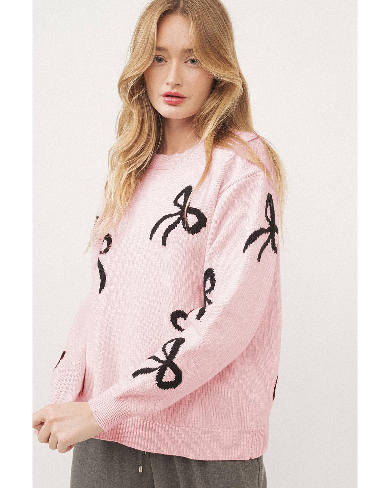 V539-AZEXDC2725483-P1010-XL-202508300005-00 Light Pink Bow Pattern Knitted Loose Fit Sweater - XL - Image 1