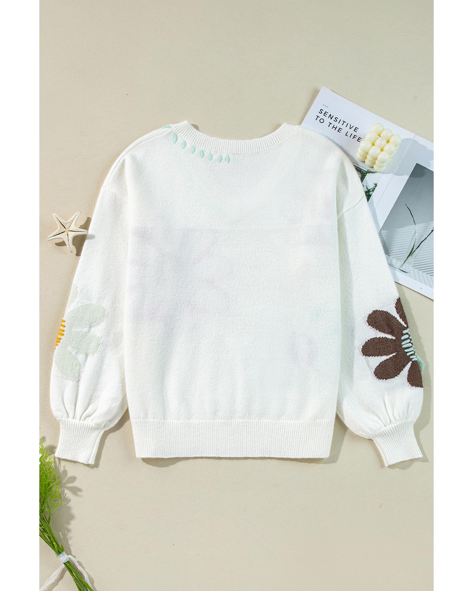 V539-AZEXDC2725515-P1-M-202508281140-00 White Big Flower Pattern V Neck Drop Shoulder Sweater - M - Image 1