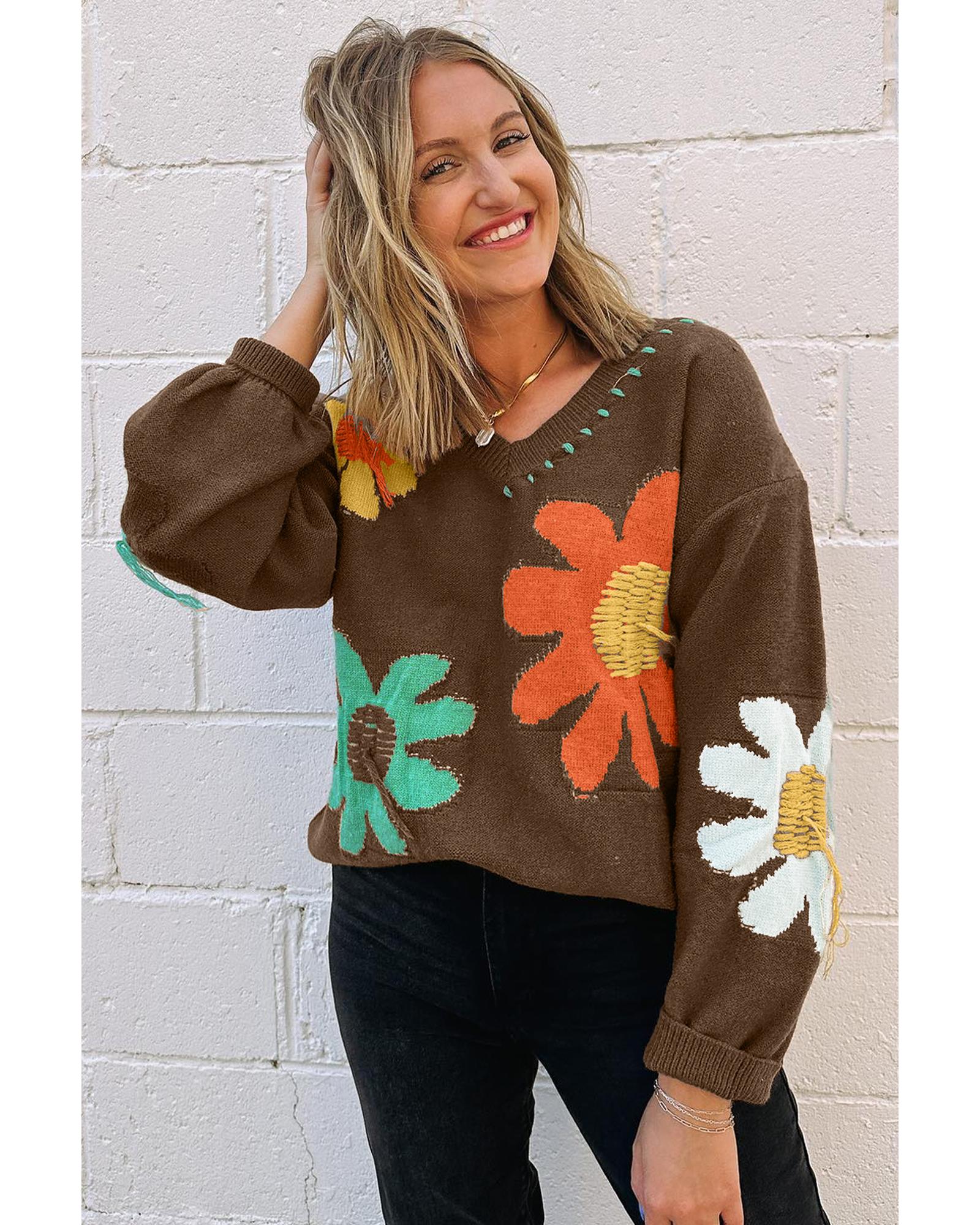 V539-AZEXDC2725515-P1017-L-202508280300-00 Coffee Big Flower Pattern V Neck Drop Shoulder Sweater - L - Image 1