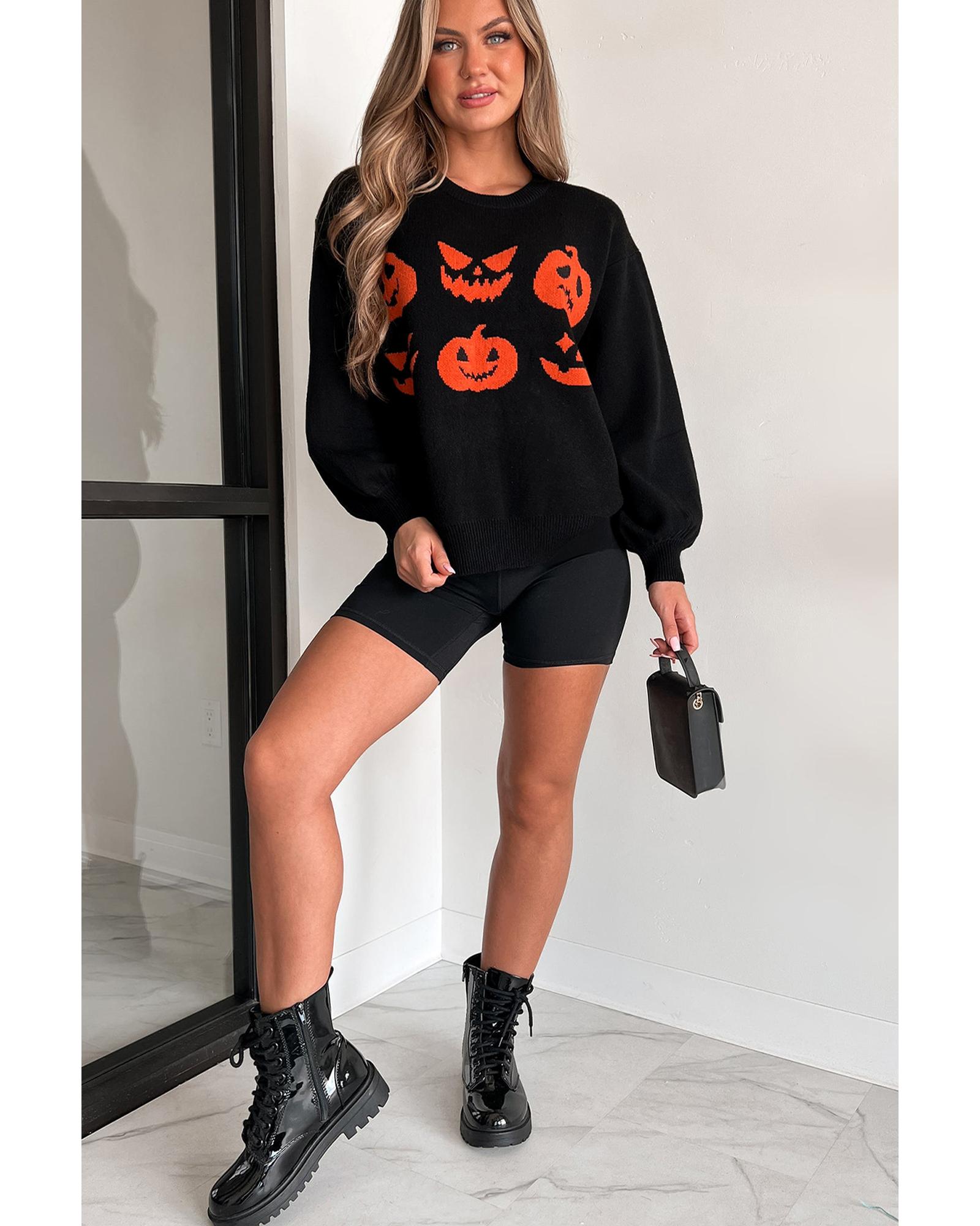 V539-AZEXDC2725572-P2-M-202508281455-00 Black Halloween Pumpkin Face Pattern Drop Shoulder Sweater - M - Image 1