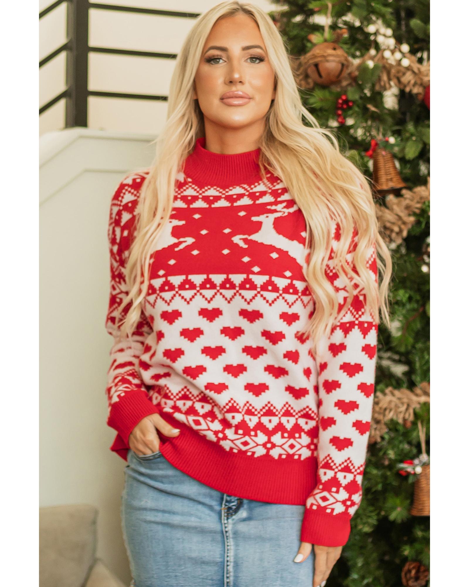 V539-AZEXDC2725603-P3-M-202508292120-00 Fiery Red Merry Christmas Reindeer Heart Pattern High Neck Sweater - M - Image 1