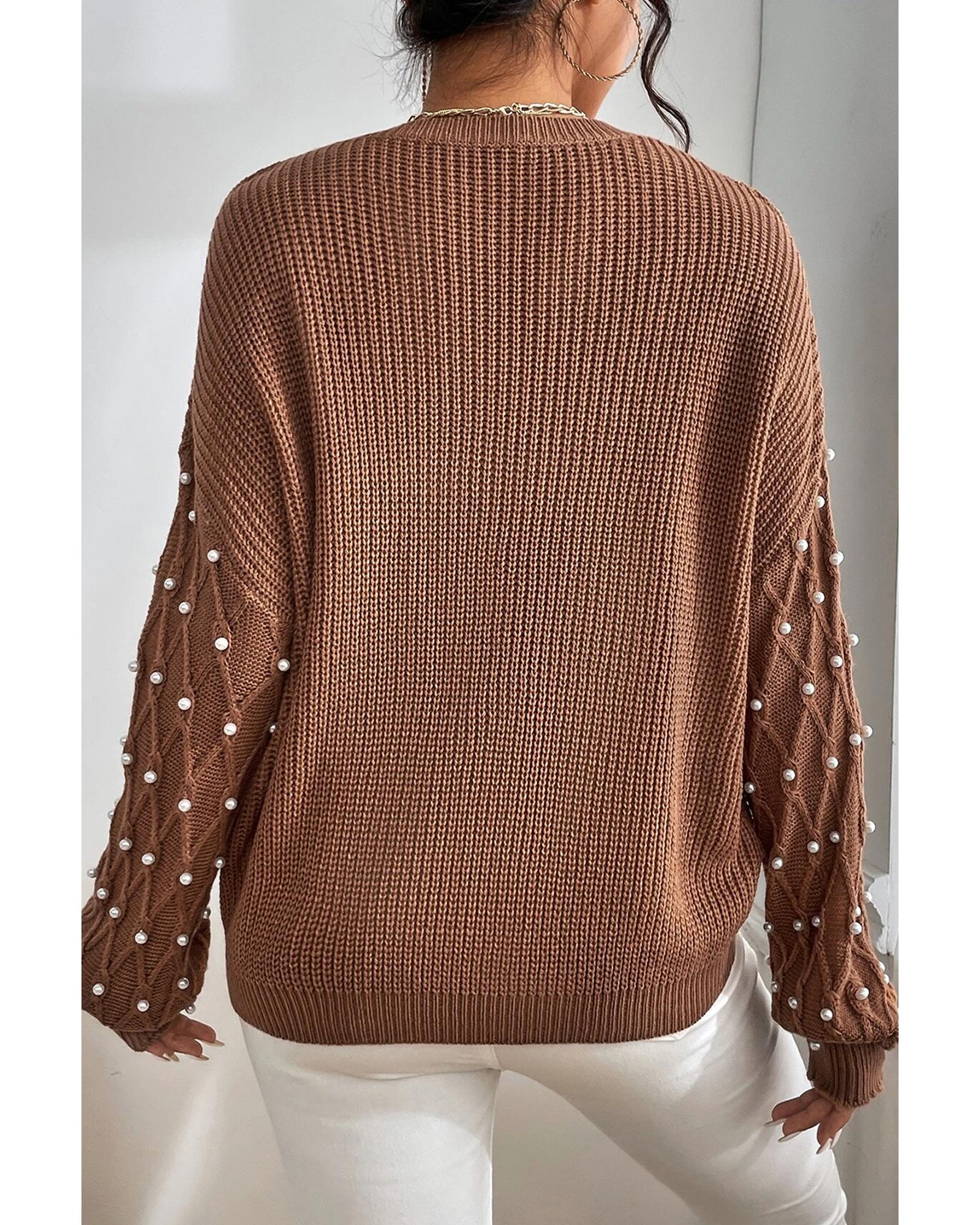 V539-AZEXDC2725605-P2017-M-202508300350-00 Chestnut Beaded Drop Shoulder Round Neck Sweater - M - Image 1