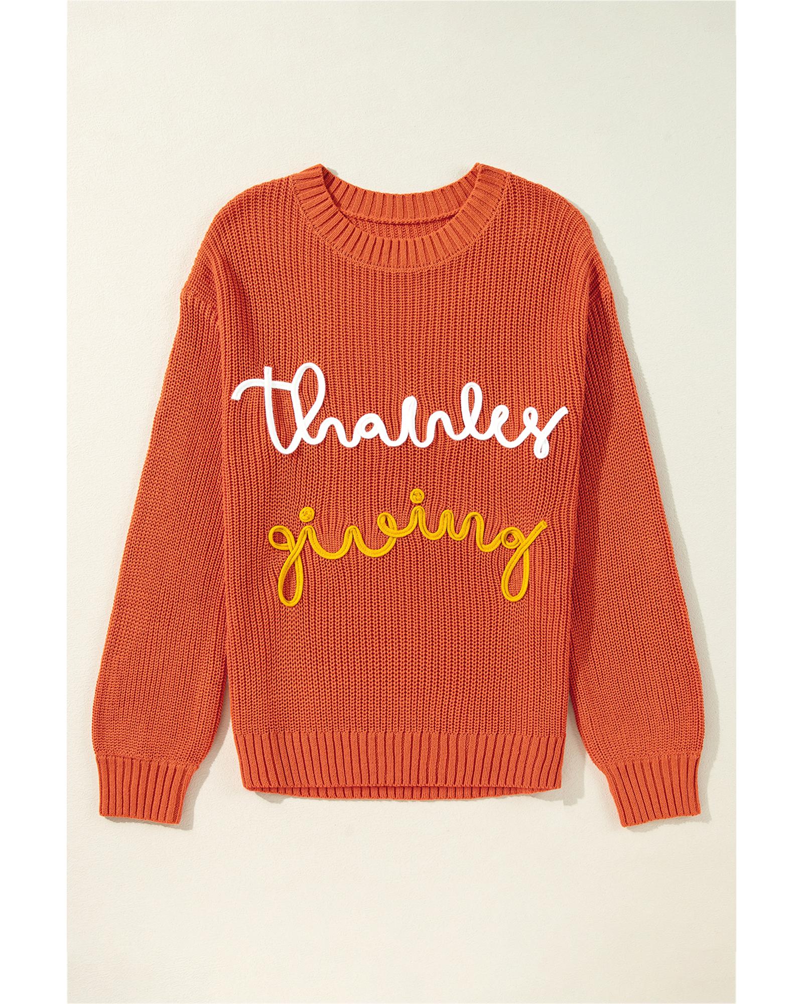 V539-AZEXDC2725610-P5014-XL-202508281005-00 Gold Flame Thanks Giving Letter Graphic Crew Neck Sweater - XL - Image 1