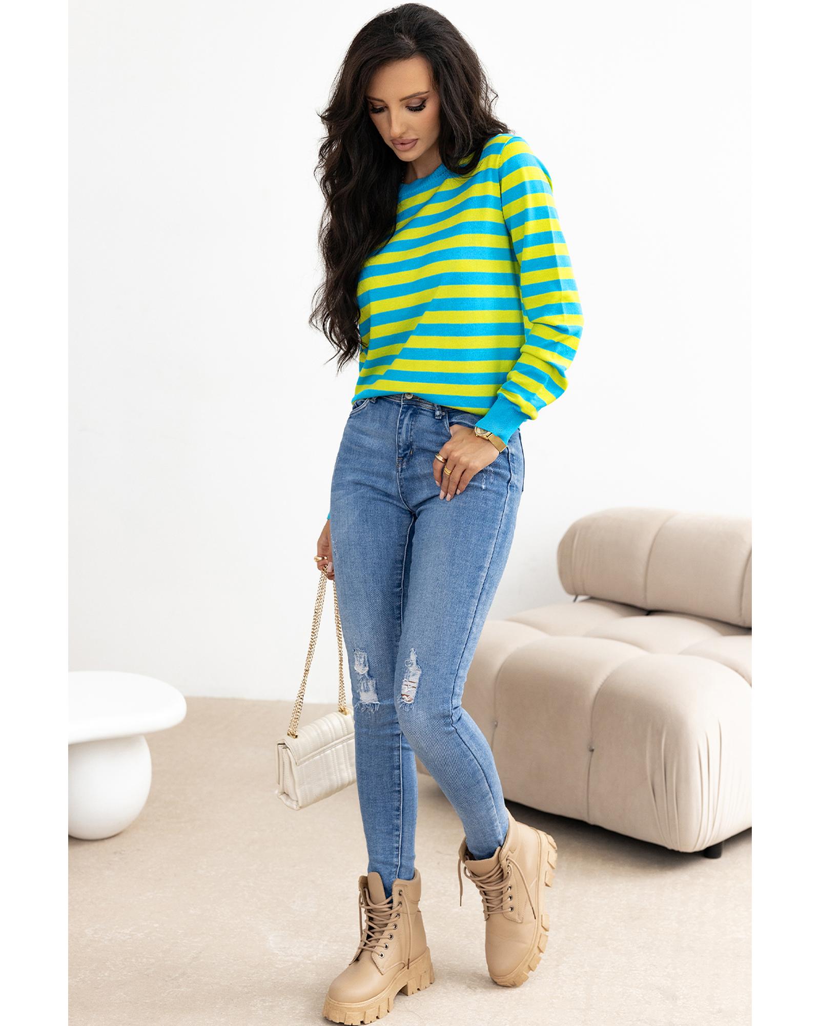 V539-AZEXDC2725631-P919-M-202508281825-00 Green Stripe Crew Neck Drop Shoulder Casual Sweater - M - Image 1