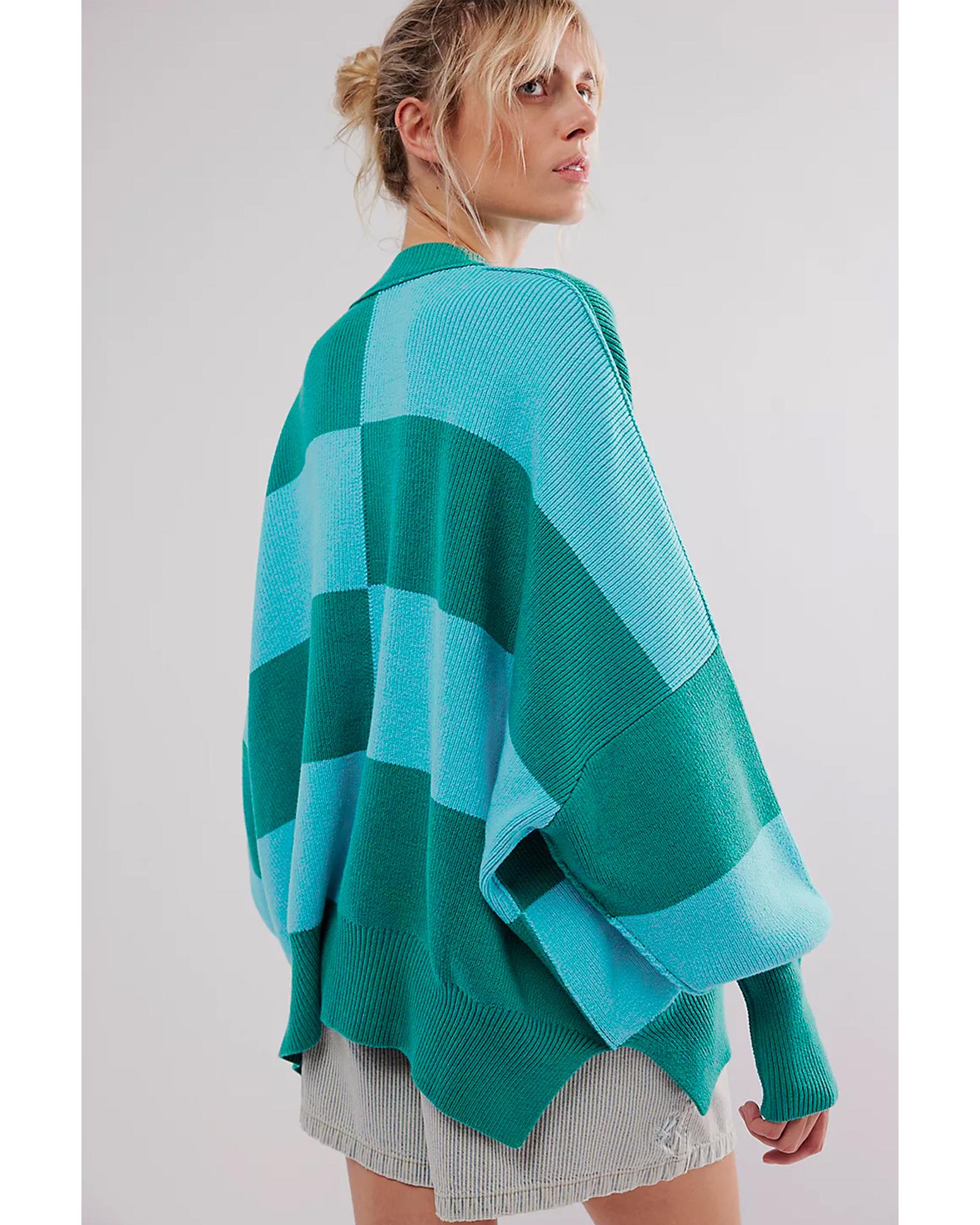 V539-AZEXDC2725651-P922-S-202506140520-00 Green Checkered Side Slits Drop Shoulder Oversized Sweater - S - Image 1