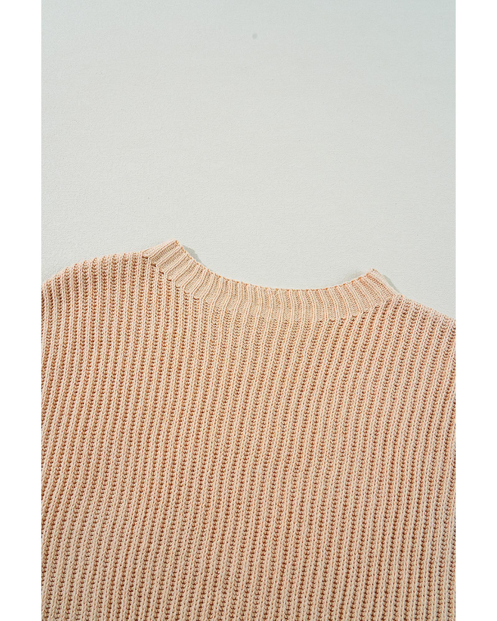 V539-AZEXDC2725657-P18-L-202508280735-00 Apricot Cable Knit Drop Shoulder Side Slits Loose Sweater - L - Image 1