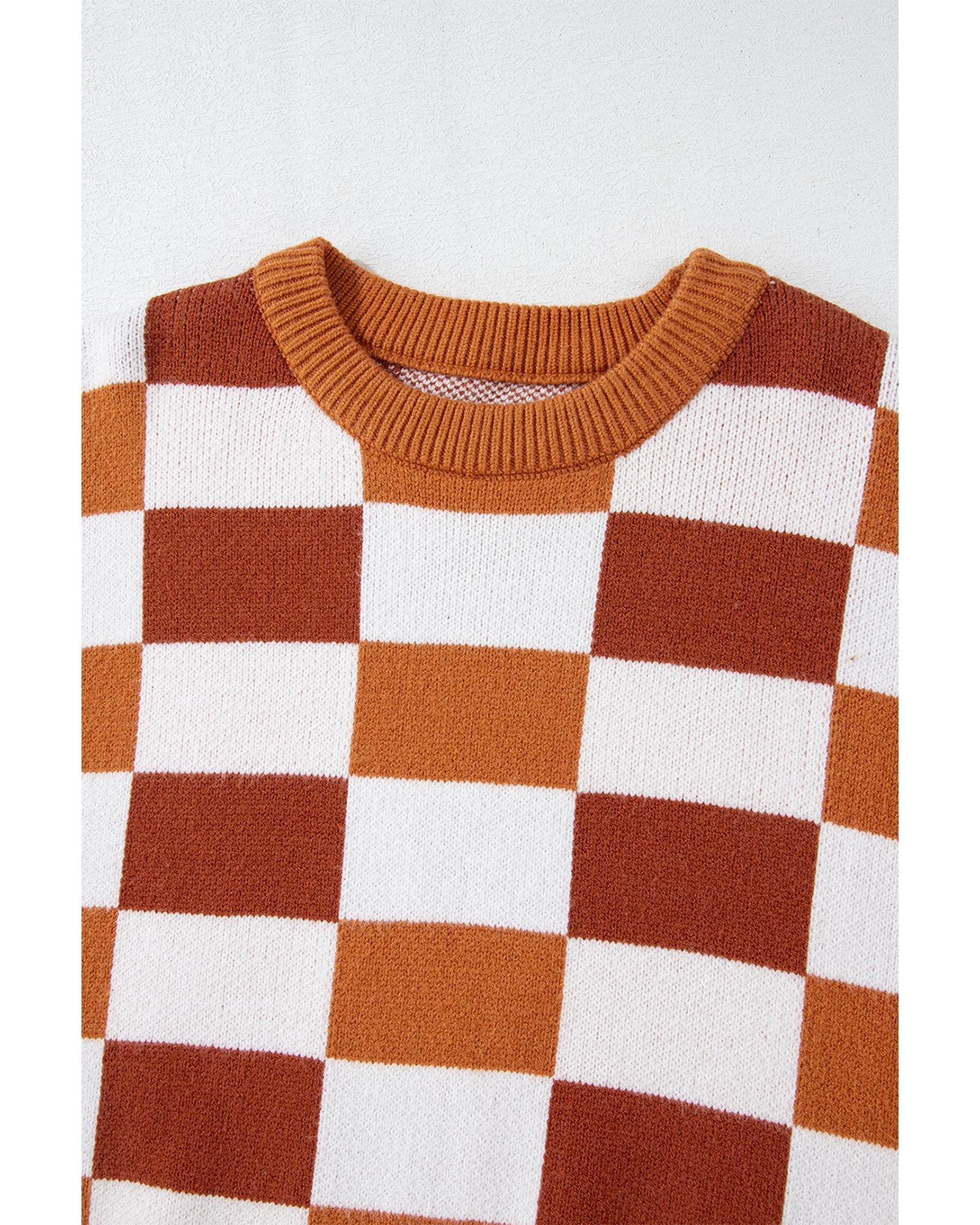 V539-AZEXDC2725680-P1422-L-202508281815-00 Orange Checkered Ribbed Edge O Neck Drop Shoulder Sweater - L - Image 1