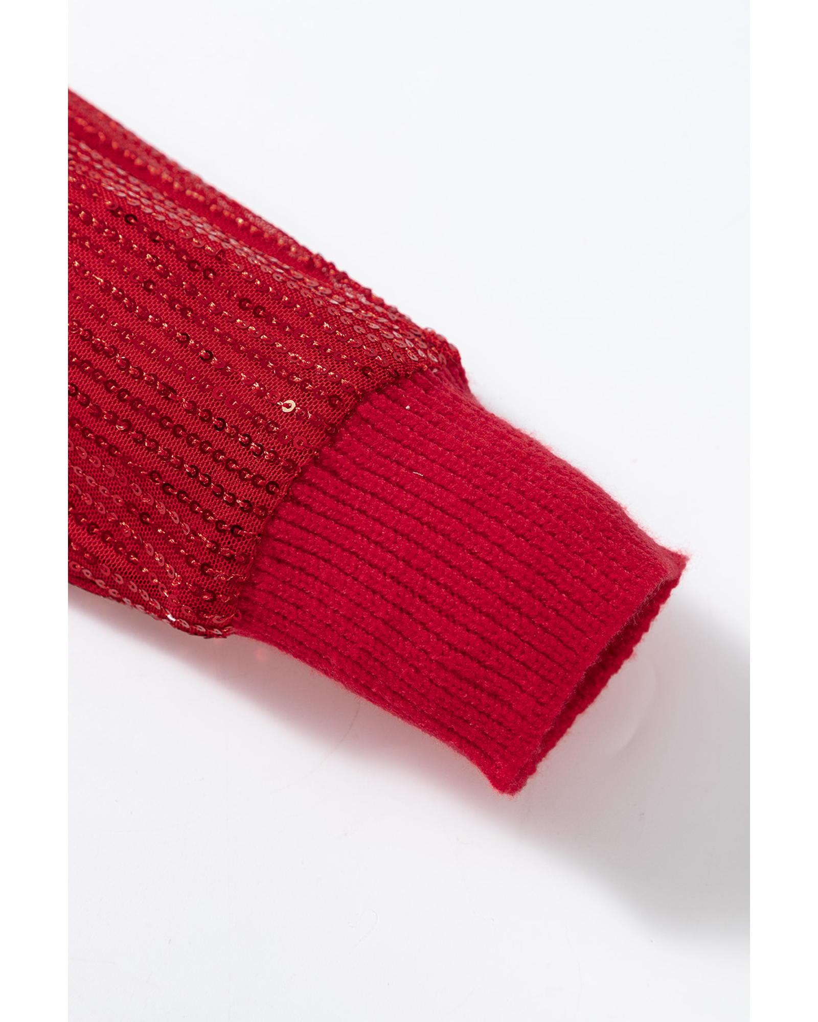 V539-AZEXDC2725705-P603-XL-202508290240-00 Racing Red Merry Graphic Sequin Sleeve Turtleneck Sweater - XL - Image 1