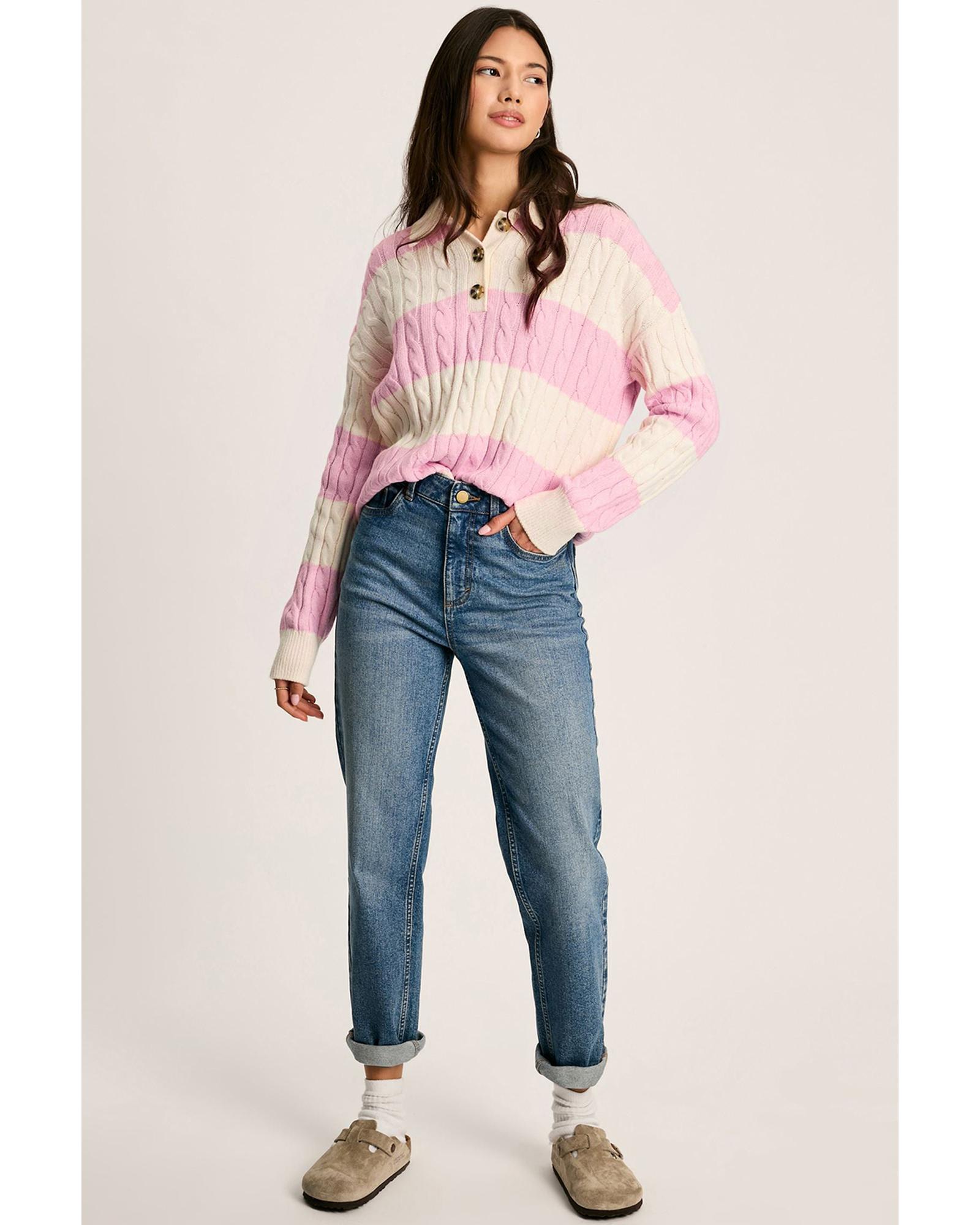 V539-AZEXDC2725731-P1019-L-202508291355-00 Pink Stripe Cable Knit Collared Henley Sweater - L - Image 1