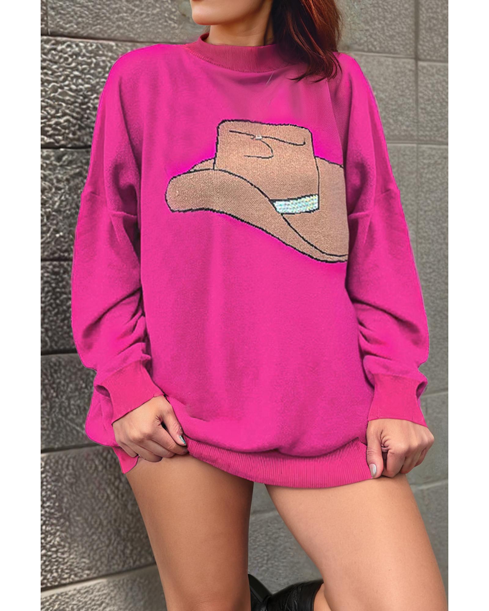 V539-AZEXDC2725742-P6-M-202508292135-00 Rose Red YEEHAW Cowboy Hat Drop Shoulder Oversized Sweater - M - Image 1