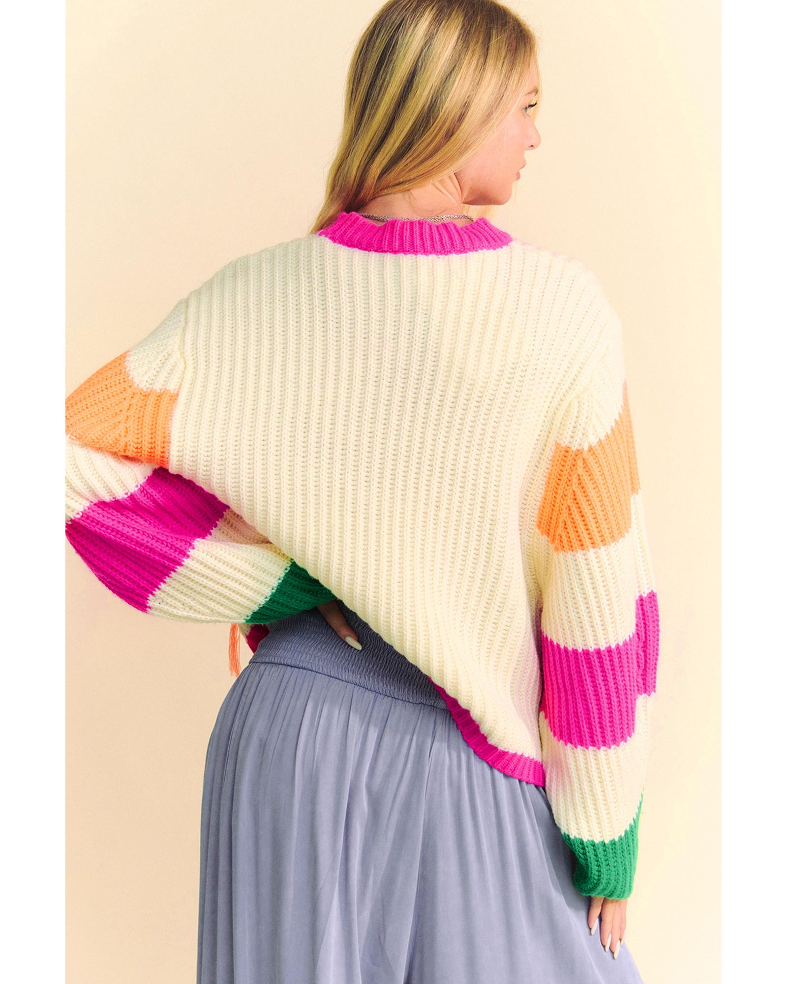 V539-AZEXDC2725756-P1522-L-202508300215-00 Beige Colorblock Flower Print Cable Knit Loose Sweater - L - Image 1