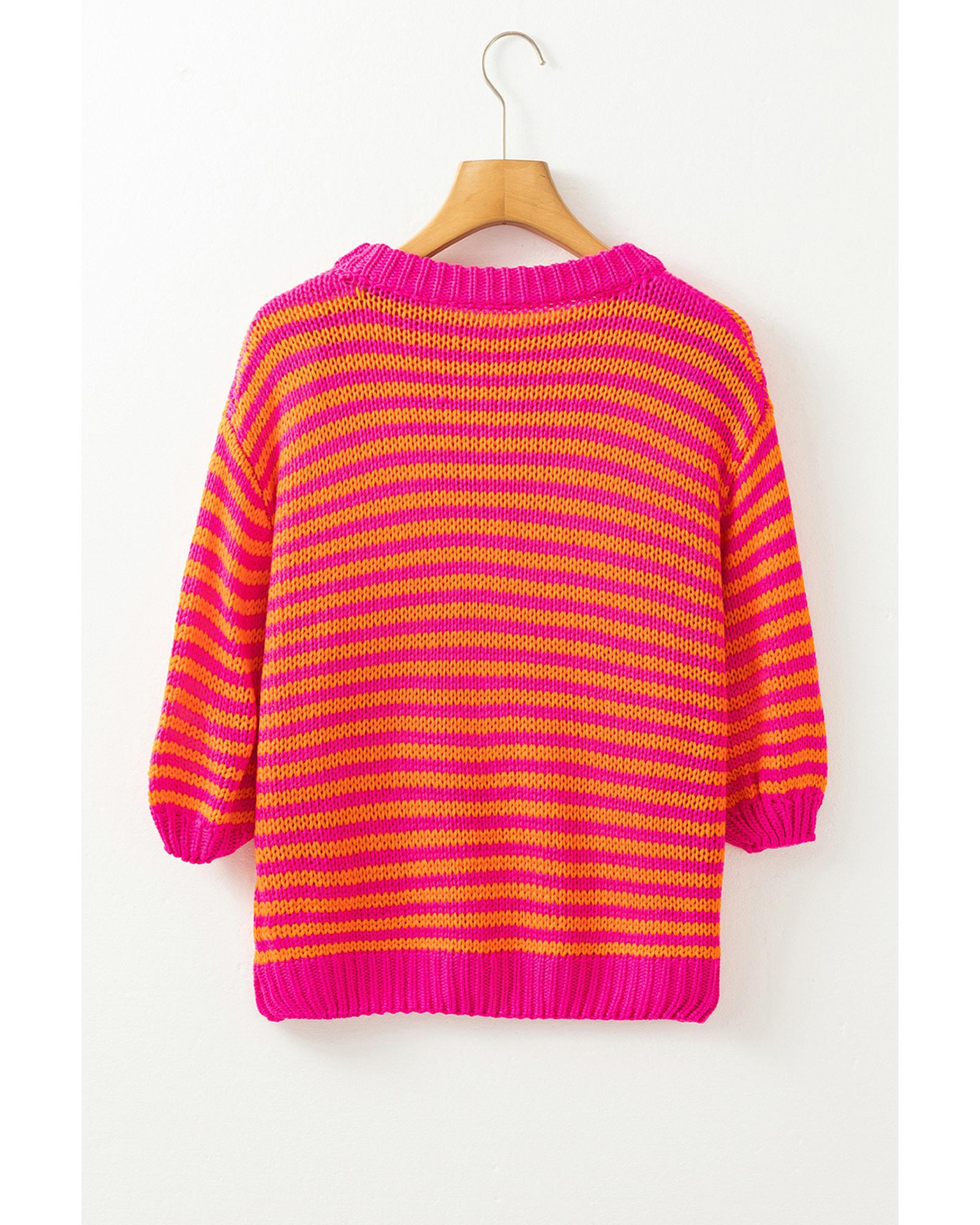 V539-AZEXDC2725765-P619-S-202506140610-00 Rose Stripe 3/4 Puff Sleeve Drop Shoulder Sweater - S - Image 1