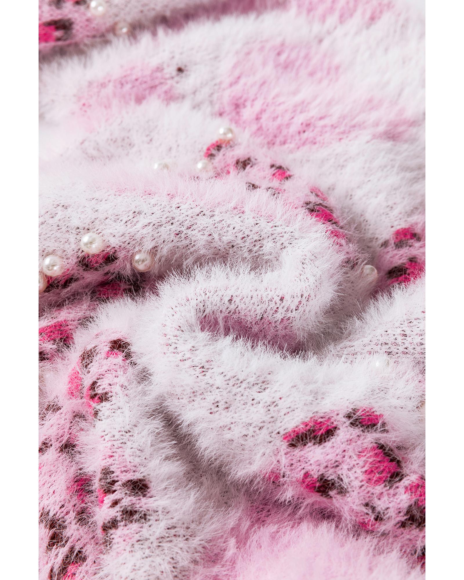 V539-AZEXDC2725858-P1022-L-202508282025-00 Pink Heart Leopard Print Pearled Ribbed Trim Fuzzy Sweater - L - Image 1