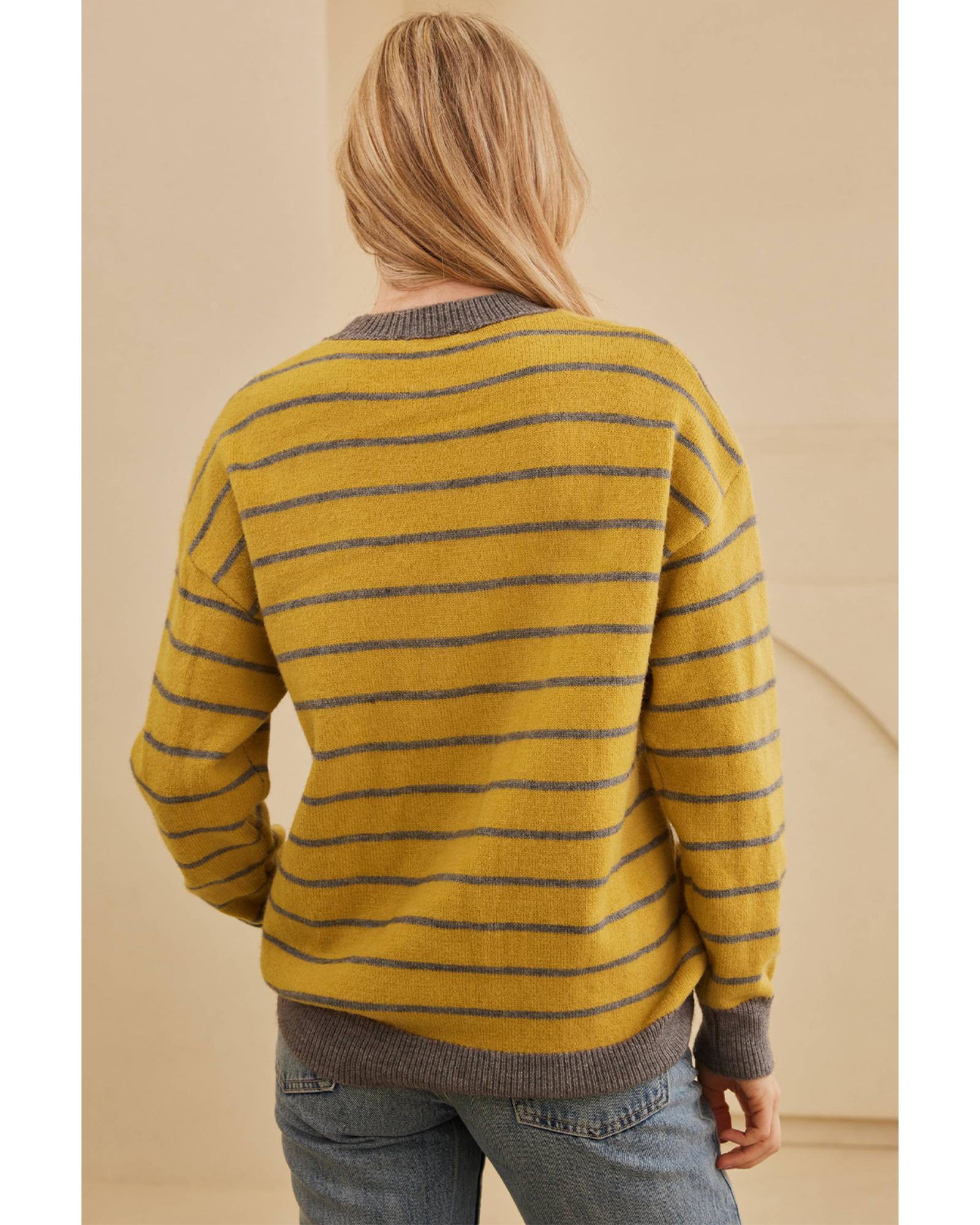 V539-AZEXDC2725859-P719-S-202506140636-00 Yellow Stripe Daisy Floral Knitted Round Neck Sweater - S - Image 1