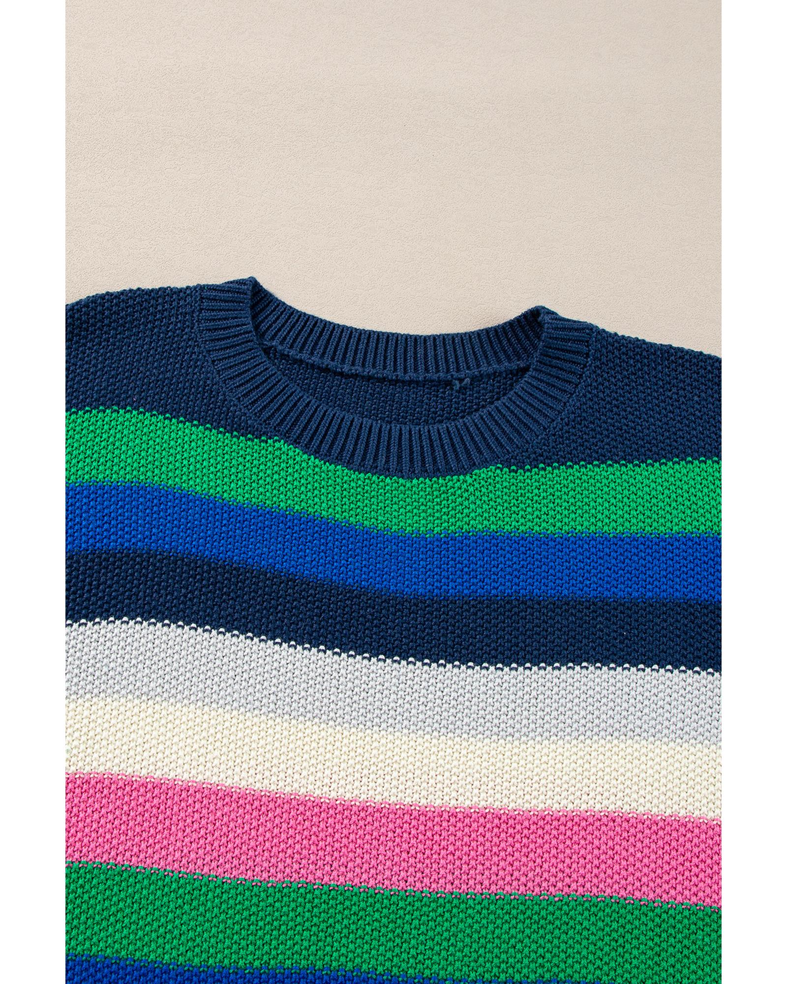 V539-AZEXDC2725887-P109-S-202506140236-00 Bright Green Rainbow Striped Crew Neck Drop Shoulder Sweater - S - Image 1