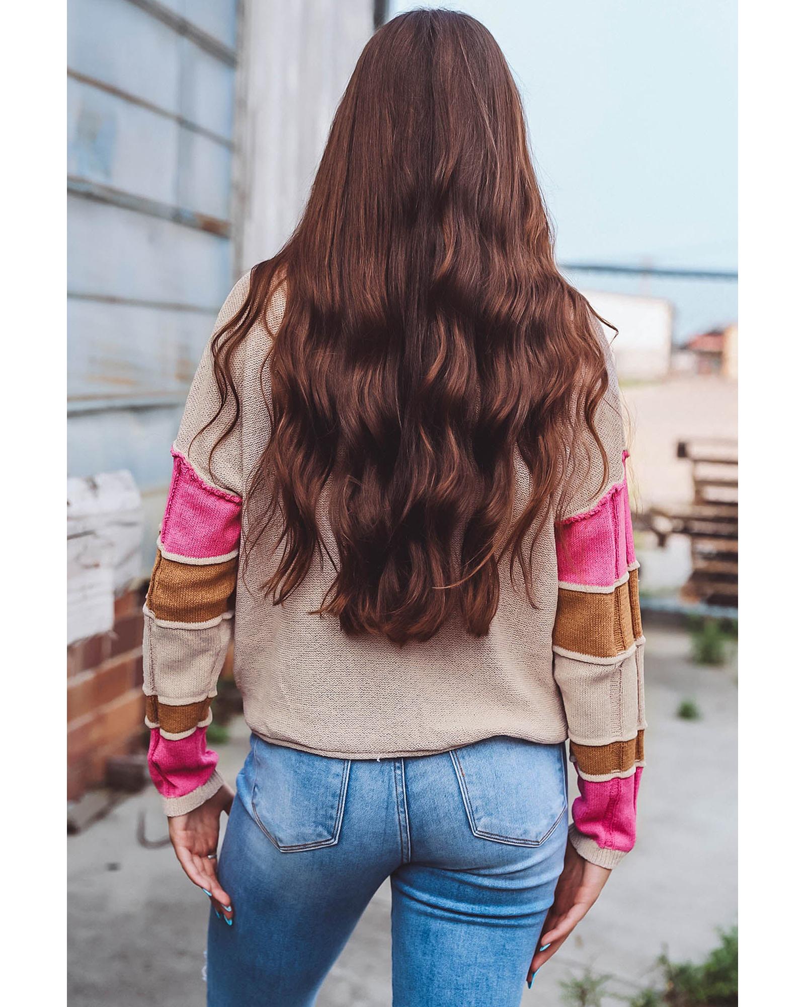 V539-AZEXDC2725949-P6017-S-202506140245-00 Simply Taupe Colorblock Exposed Seam Round Neck Sweater - S - Image 1