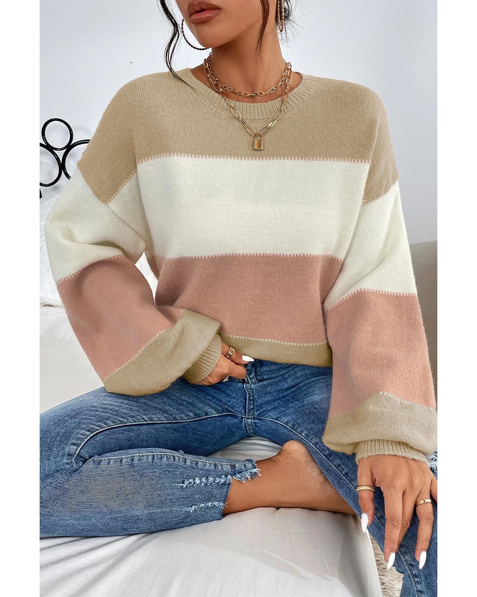 V539-AZEXDC2725968-P9010-S-202506140253-00 Dusty Pink Color Block Lantern Sleeve Drop Shoulder Sweater - S - Image 1
