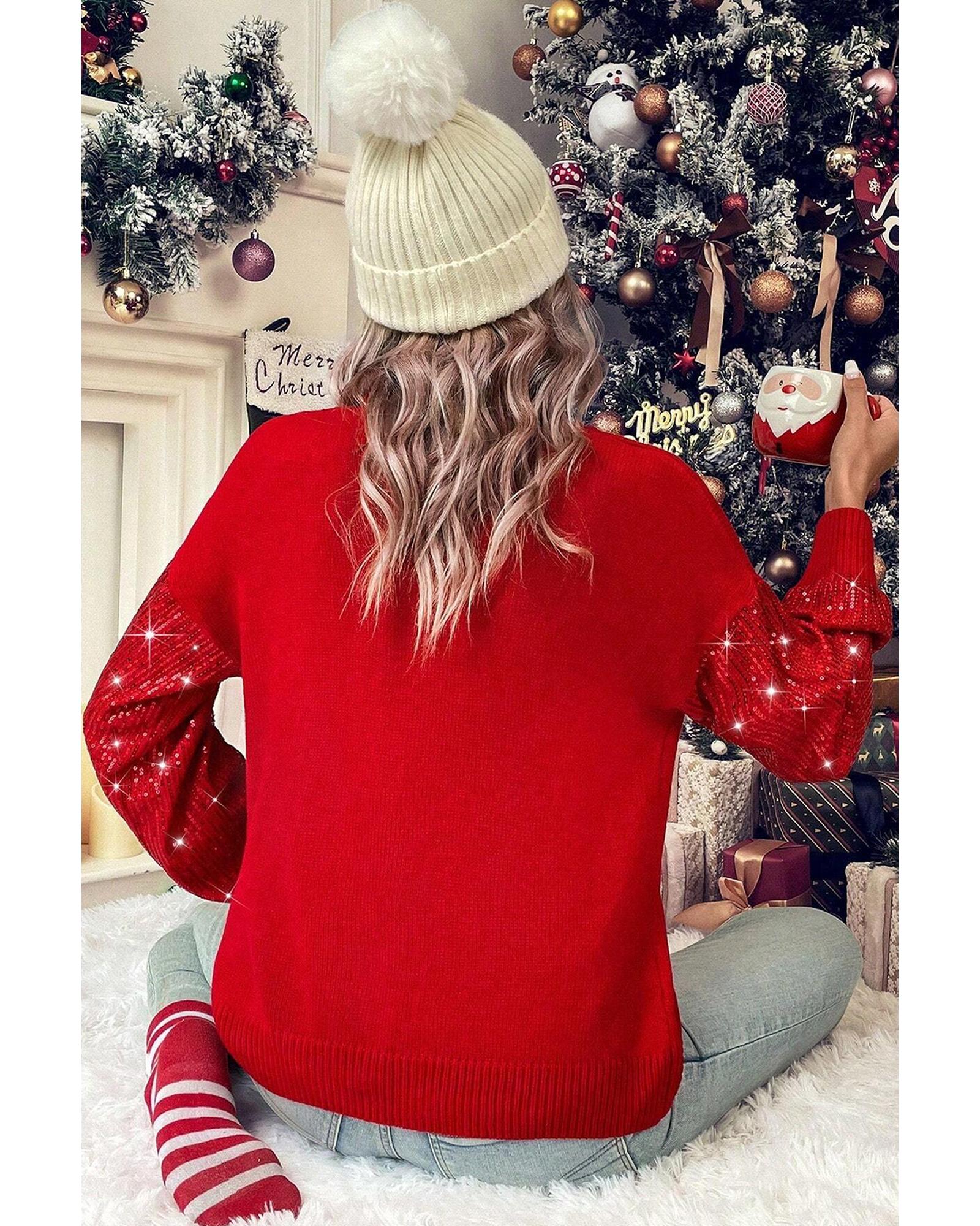 V539-AZEXDC2726195-P603-S-202506140401-00 Racing Red Merry Graphic Sequin Sleeves Christmas Turtleneck Sweater - S - Image 1