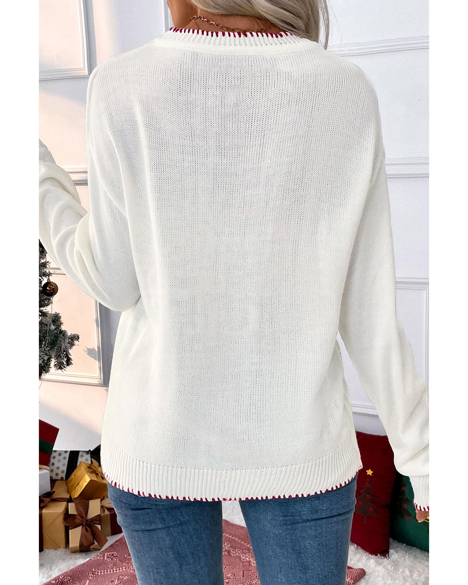 V539-AZEXDC2726212-P1-L-202508282330-00 White Bow Pattern Contrast Trim Christmas Loose Graphic Sweater - L - Image 1