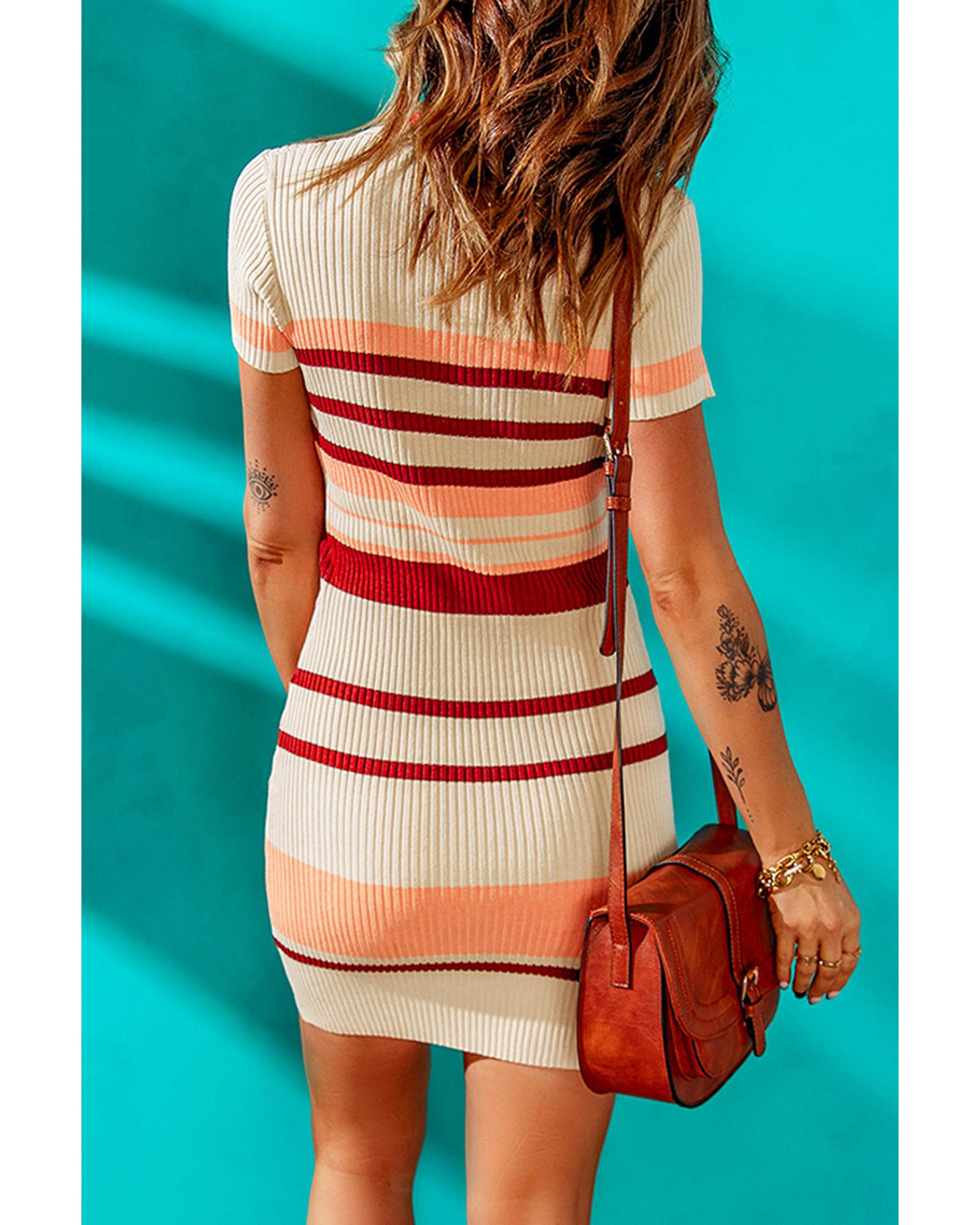 V539-AZEXDC273251-18-L-202508280120-00 Apricot Striped Ribbed Knit V Neck Bodycon Mini Dress - L - Image 1