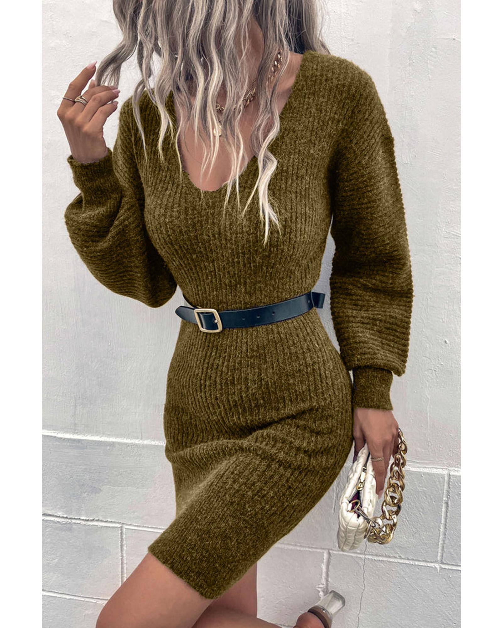 V539-AZEXDC273474-9-L-202508281645-00 Green V Neck Bodycon Sweater Dress - L - Image 1
