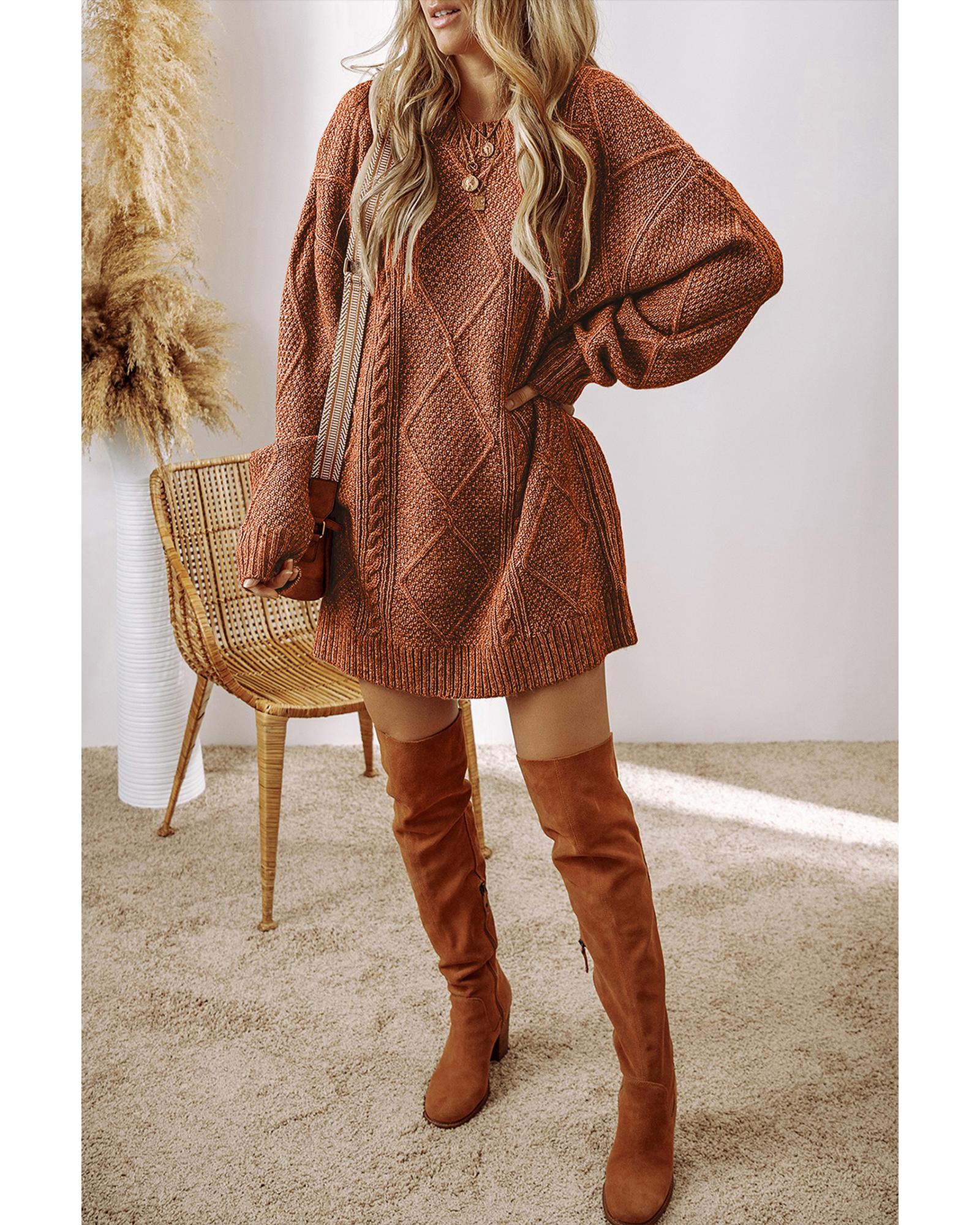V539-AZEXDC273764-P1017-L-202508281120-00 Coffee Cable Knit Drop Shoulder Loose Fit Sweater Dress - L - Image 1