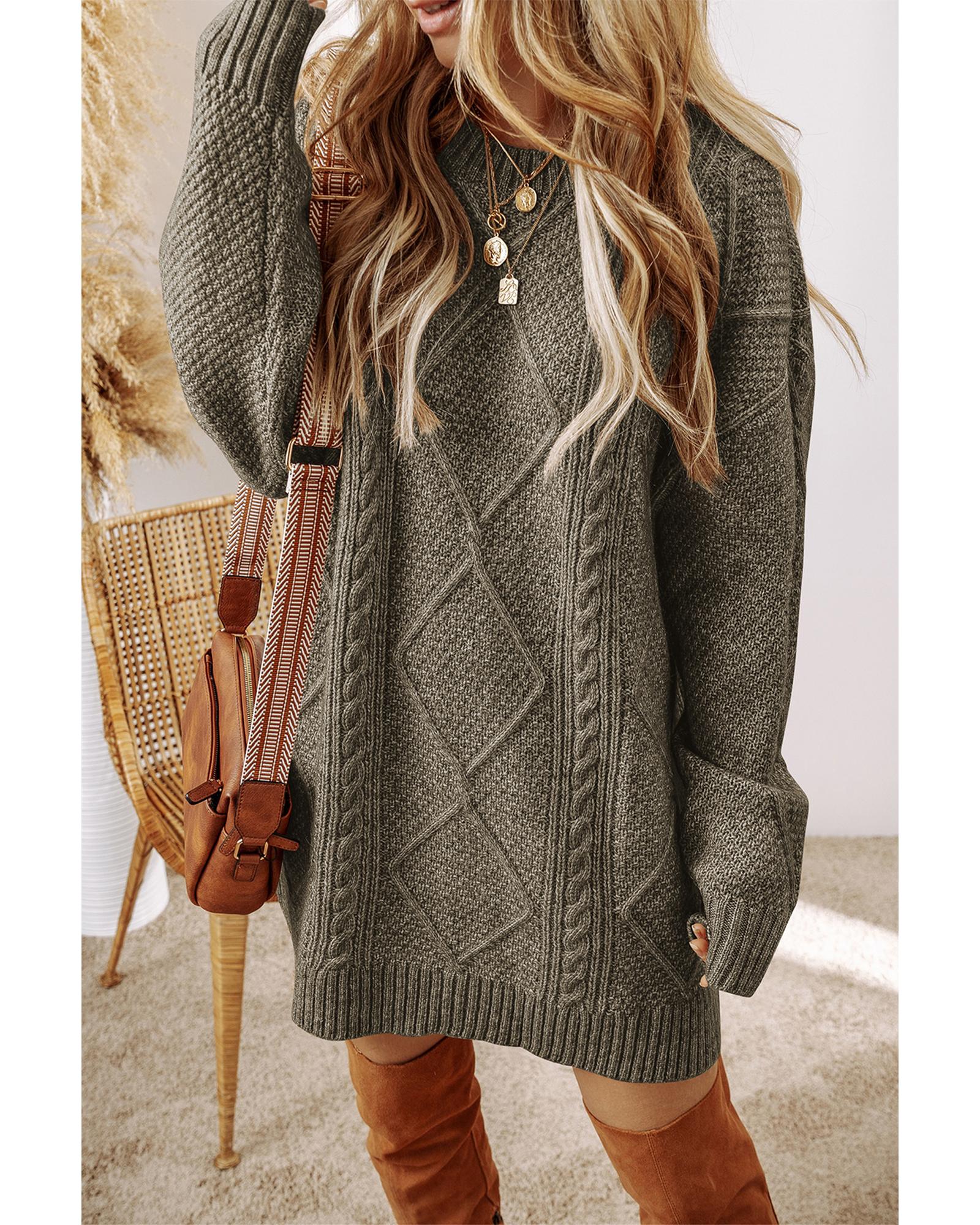 V539-AZEXDC273764-P509-XL-202508291315-00 Mist Green Cable Knit Drop Shoulder Loose Fit Sweater Dress - XL - Image 1