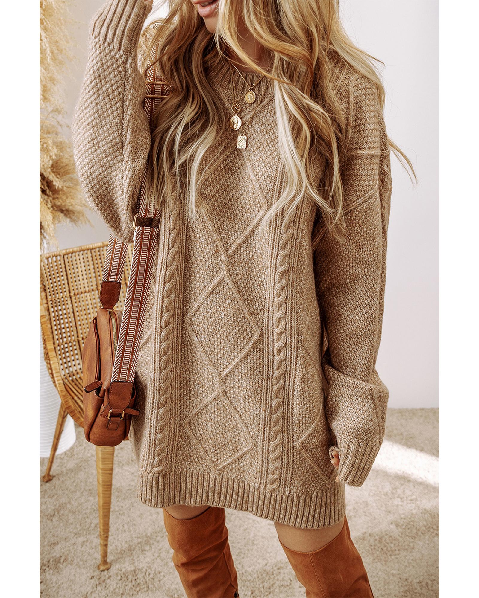 V539-AZEXDC273764-P6016-L-202508291450-00 Parchment Cable Knit Drop Shoulder Loose Fit Sweater Dress - L - Image 1