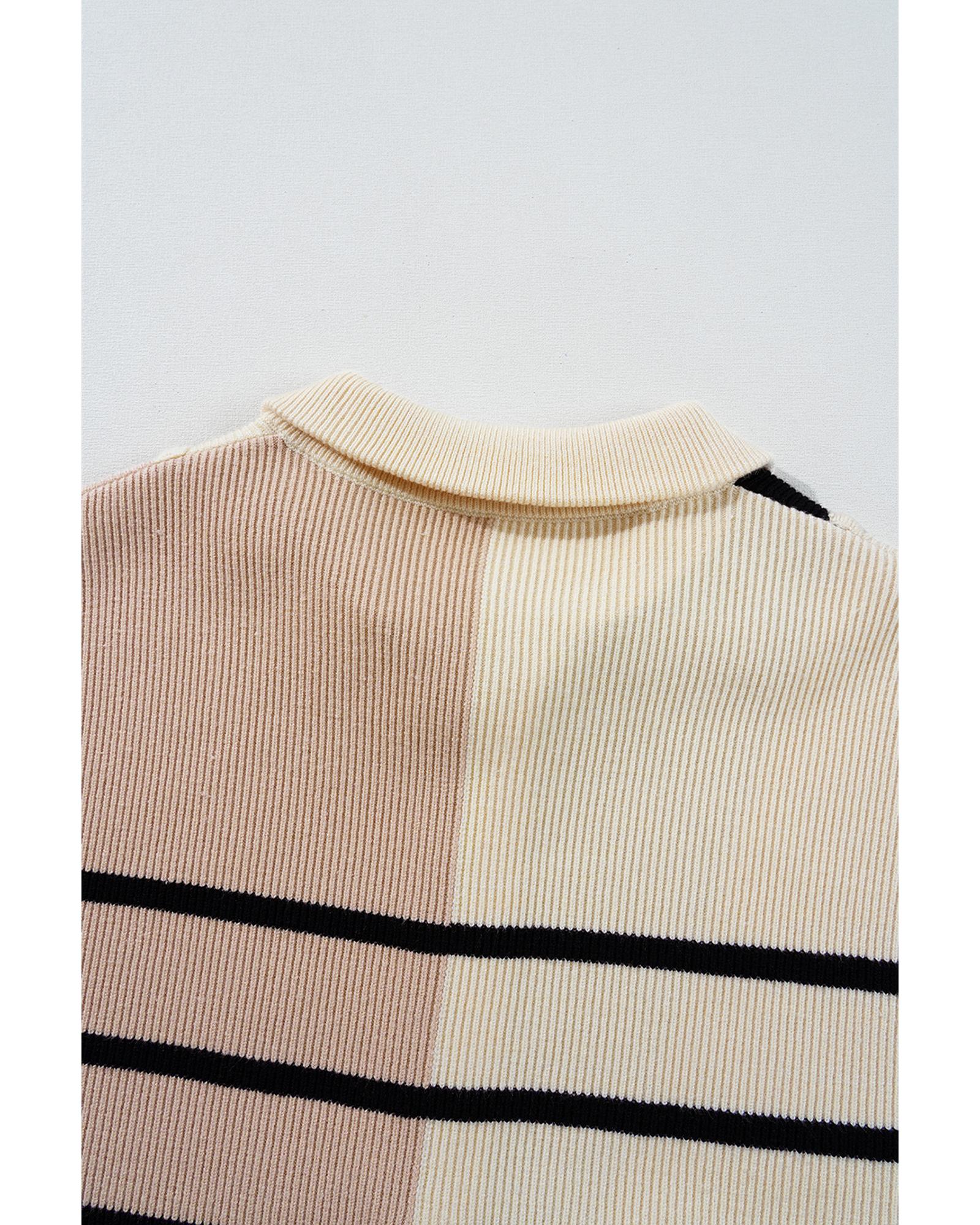 V539-AZEXDC273804-P1619-S-202506140521-00 Khaki Stripe Color Block Quarter Zip Collar Short Sleeve Sweater Dress - S - Image 1