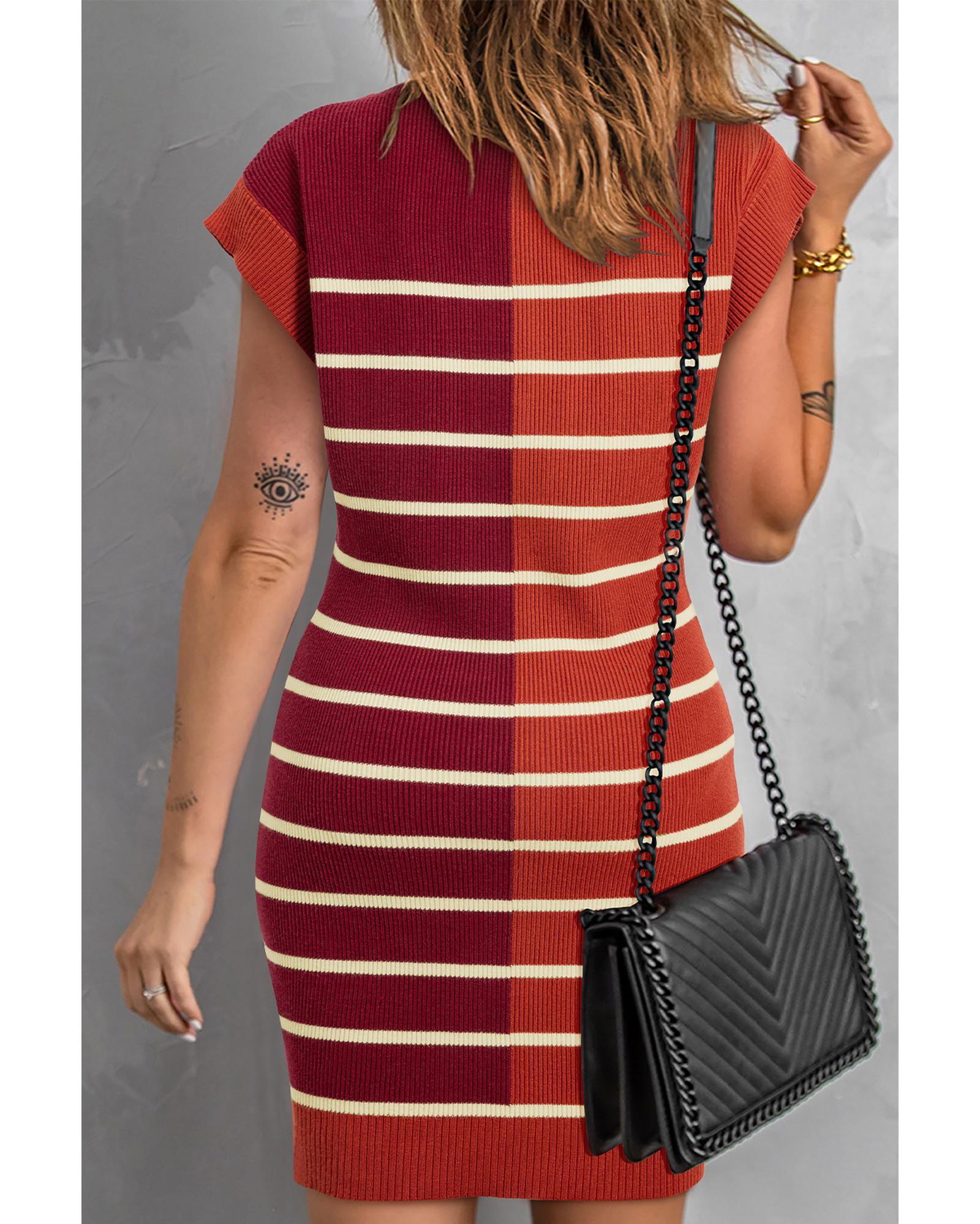 V539-AZEXDC273804-P1719-M-202508280650-00 Brown Stripe Color Block Quarter Zip Collar Short Sleeve Sweater Dress - M - Image 1