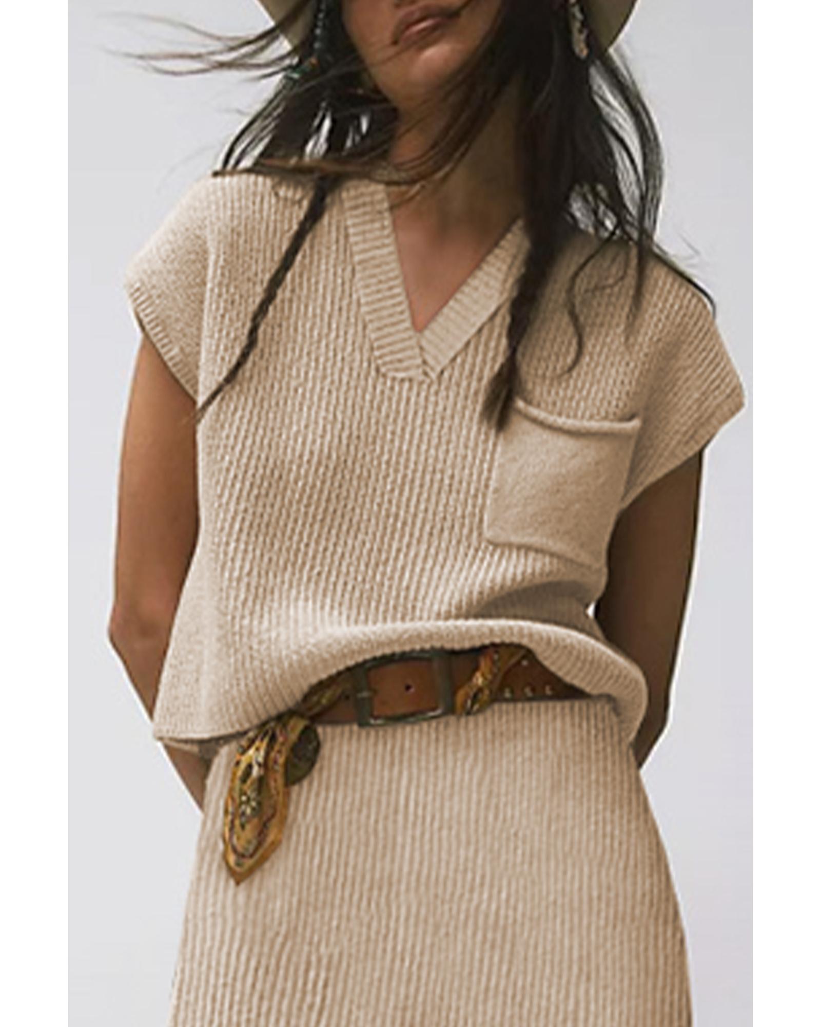 V539-AZEXDC274021-18-M-202508291405-00 Apricot Chest Pocket V Neck Ribbed Cap Sleeve Sweater - M - Image 1