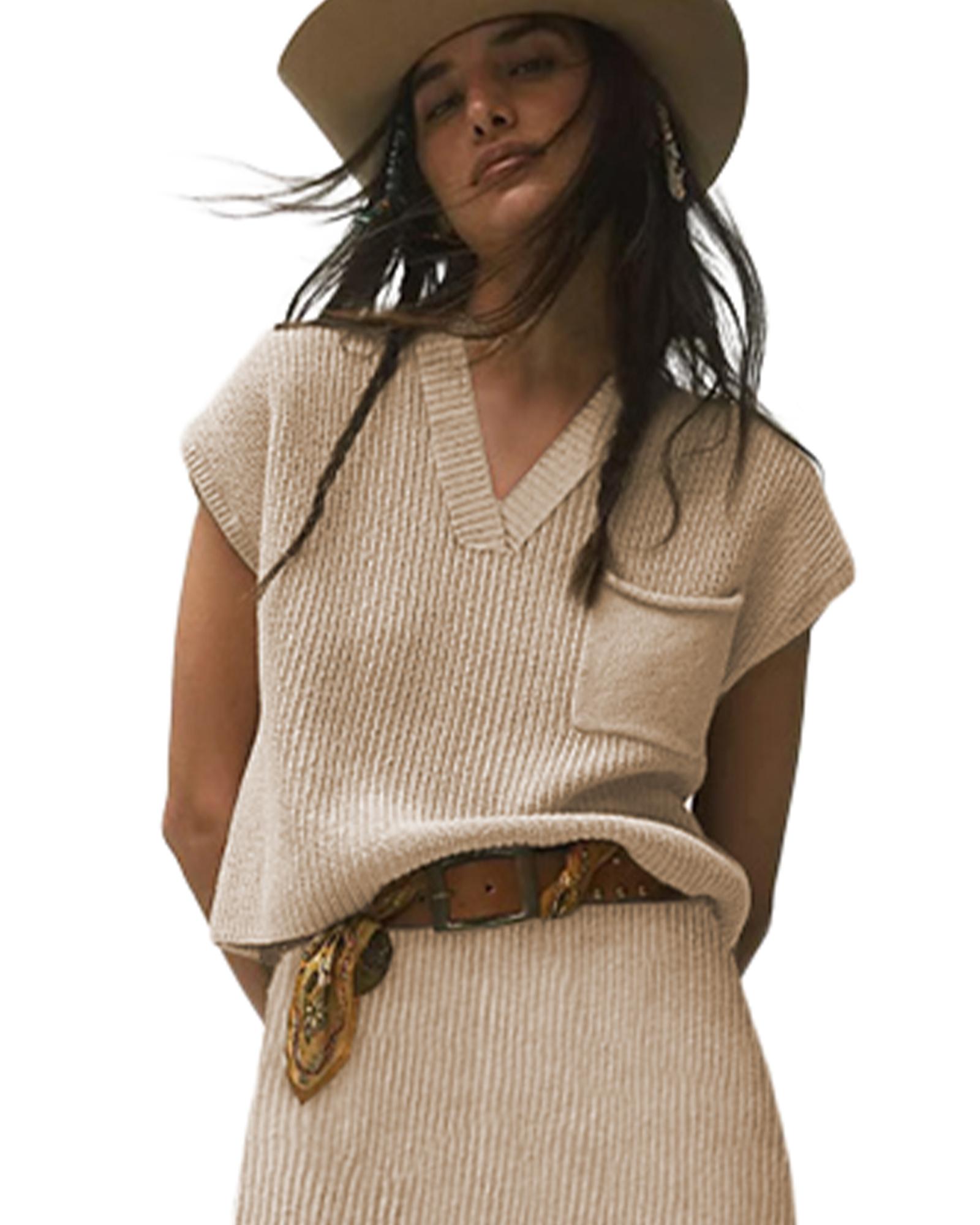 V539-AZEXDC274021-18-XL-202508291515-00 Apricot Chest Pocket V Neck Ribbed Cap Sleeve Sweater - XL - Image 1