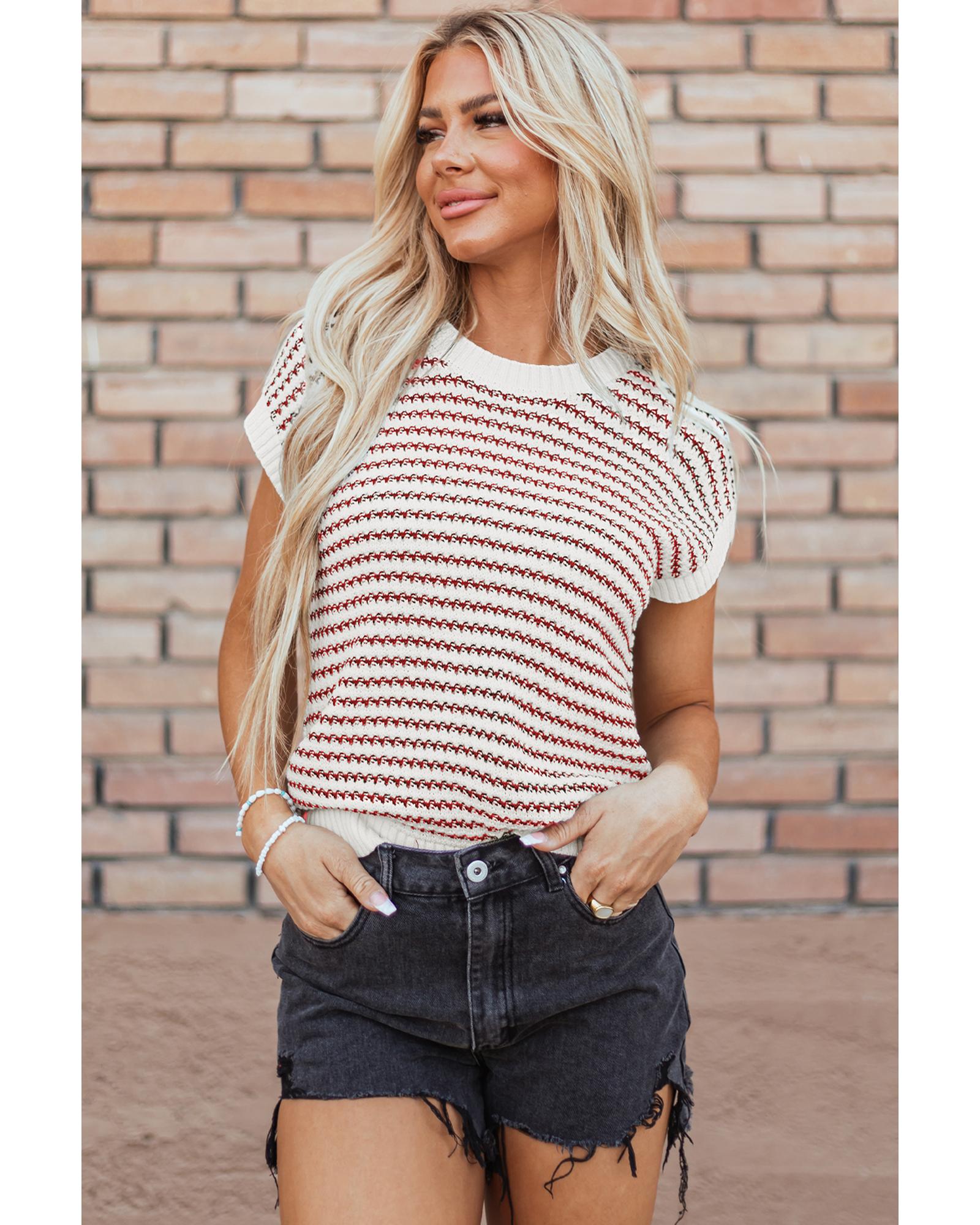 V539-AZEXDC274058-P319-L-202508300100-00 Red Stripe Ribbed Trim Loose Fit Knitted Sweater Vest - L - Image 1