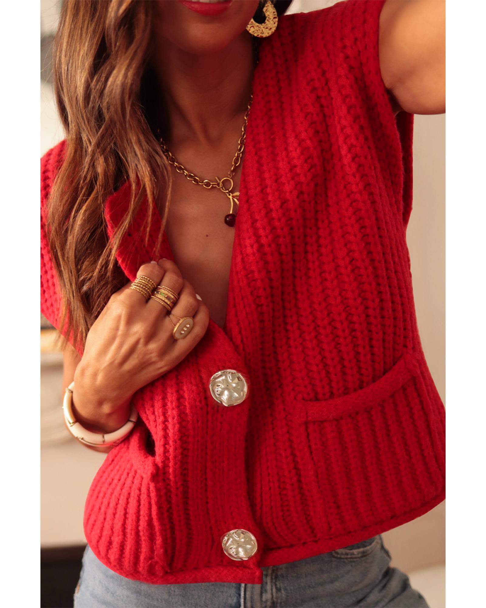 V539-AZEXDC274085-P3-M-202508280110-00 Fiery Red Solid Textured Knit Side Pockets Buttoned Sweater Vest - M - Image 1