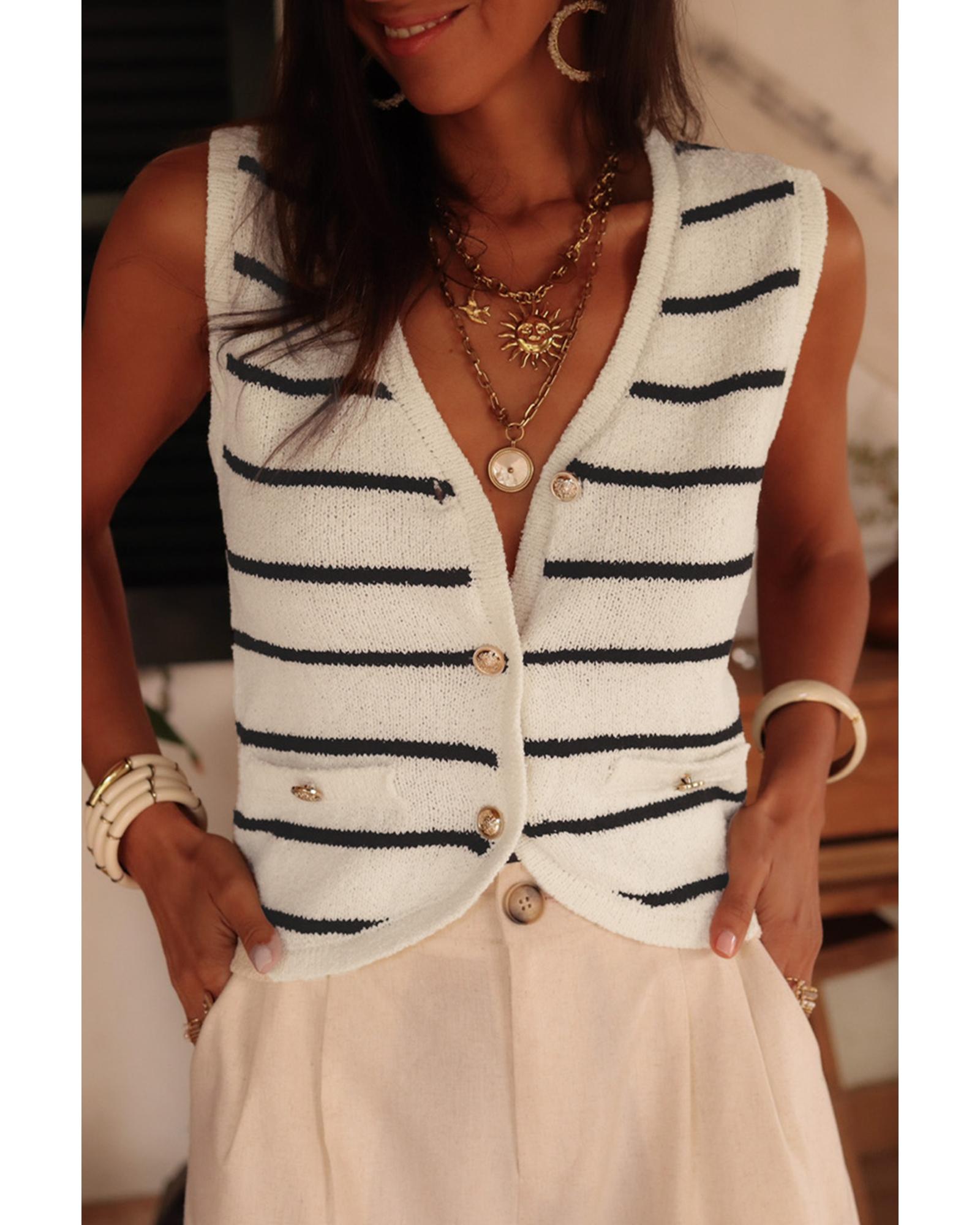 V539-AZEXDC274091-P219-L-202508281150-00 Black Stripe Buttoned V Neck Slim Fit Sweater Vest - L - Image 1