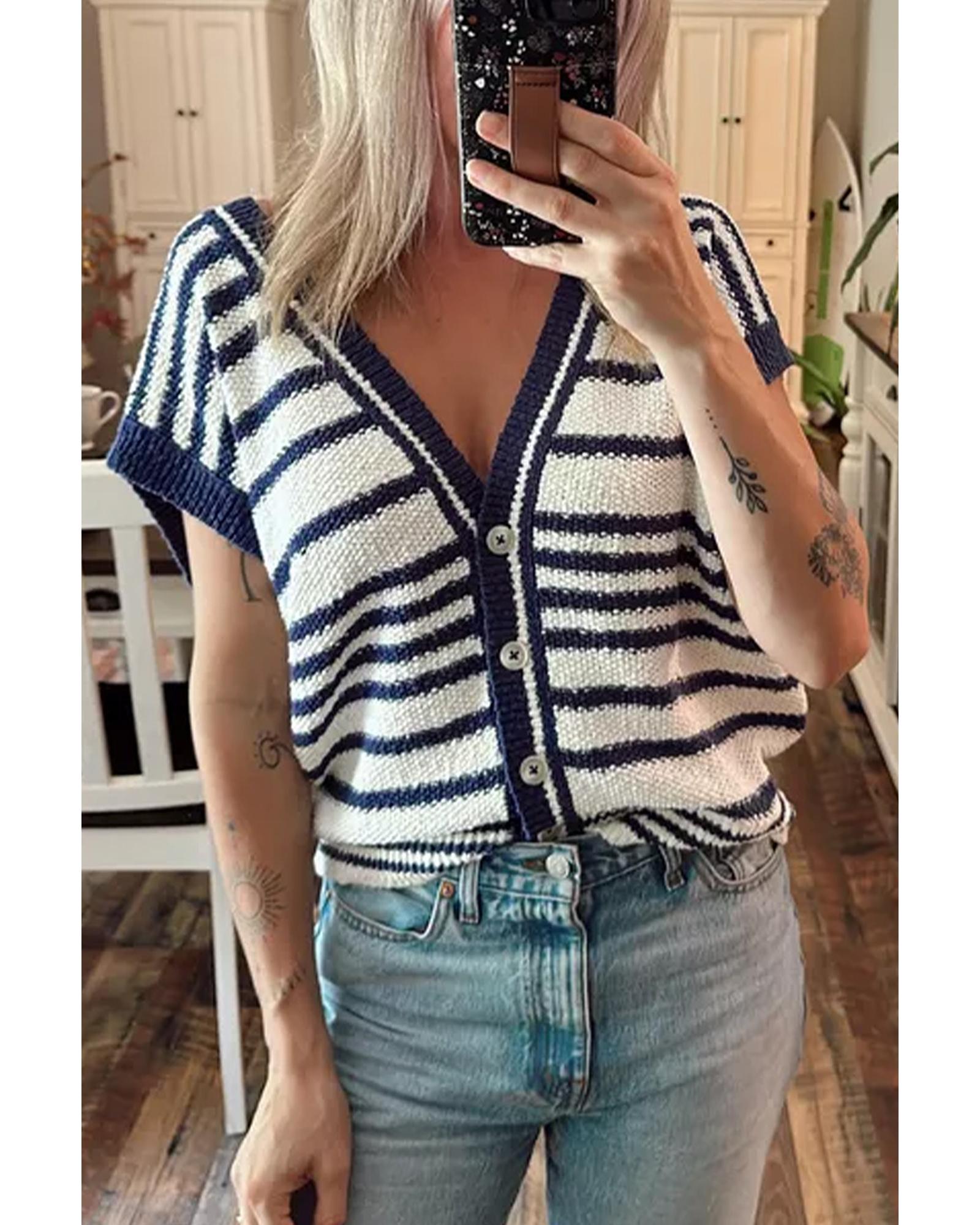 V539-AZEXDC274101-P519-XL-202508291905-00 Blue Stripe Loose Buttoned V Neck Sweater Vest - XL - Image 1