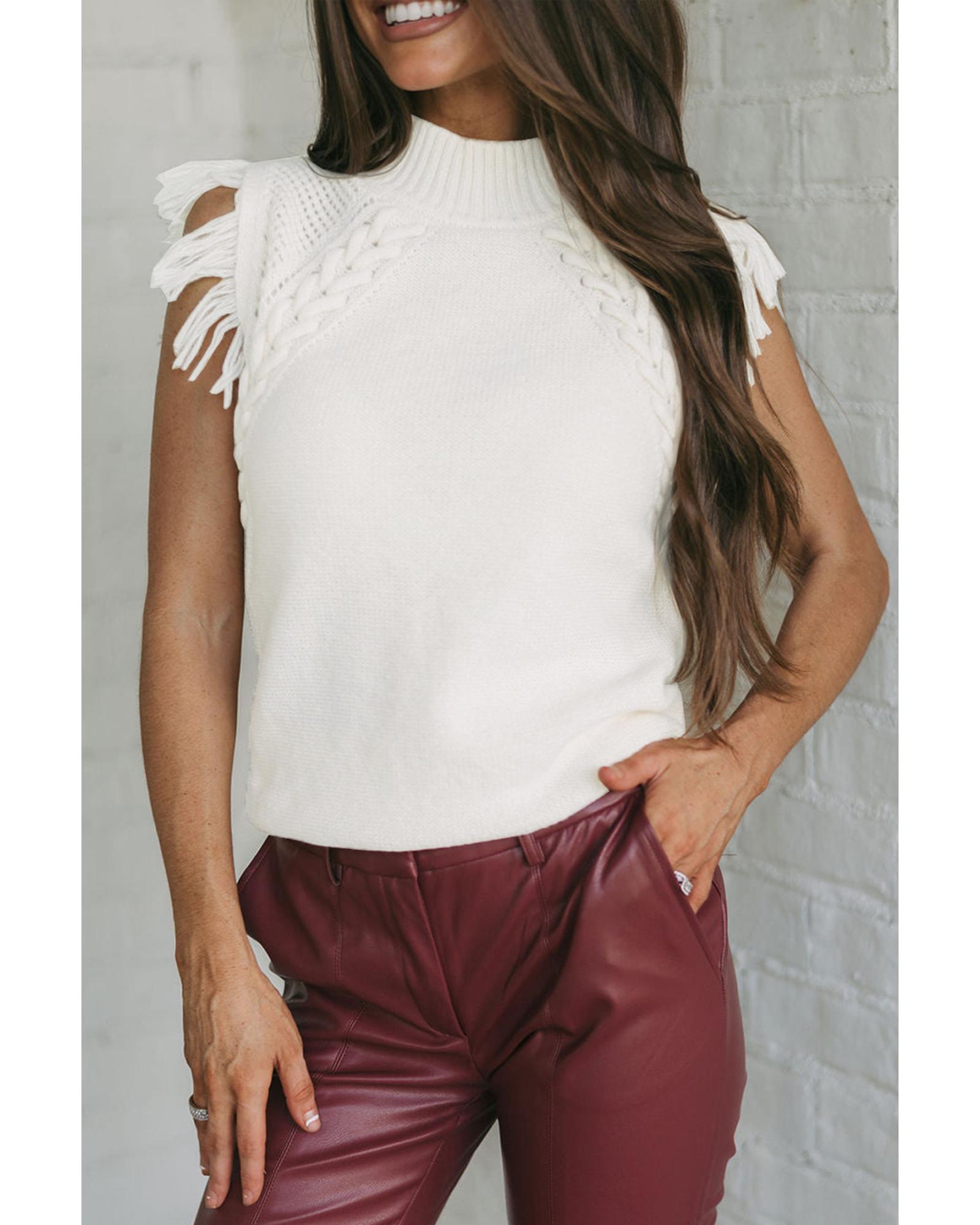 V539-AZEXDC276185-P1-S-202506140248-00 White Woven Tasseled Sleeveless Mock Neck Sweater Vest - S - Image 1