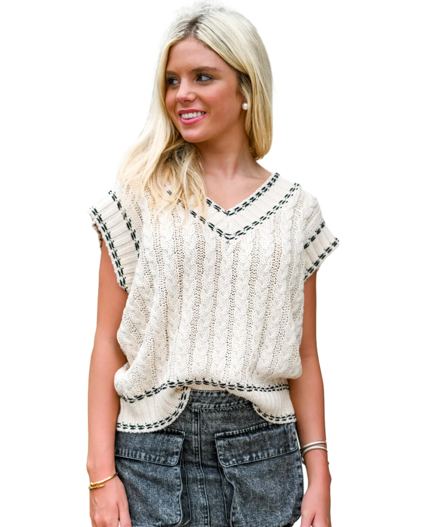 V539-AZEXDC276236-P1-M-202506140315-00 White Contrast Trim V Neck Cable Knit Sweater Vest - M - Image 1