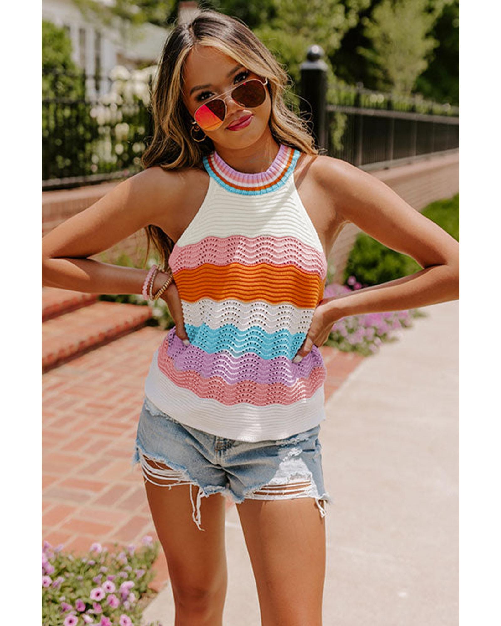 V539-AZEXDC276392-P22-M-202508300440-00 Multicolour Wavy Striped Print Textured Knit Sleeveless Sweater Top - M - Image 1