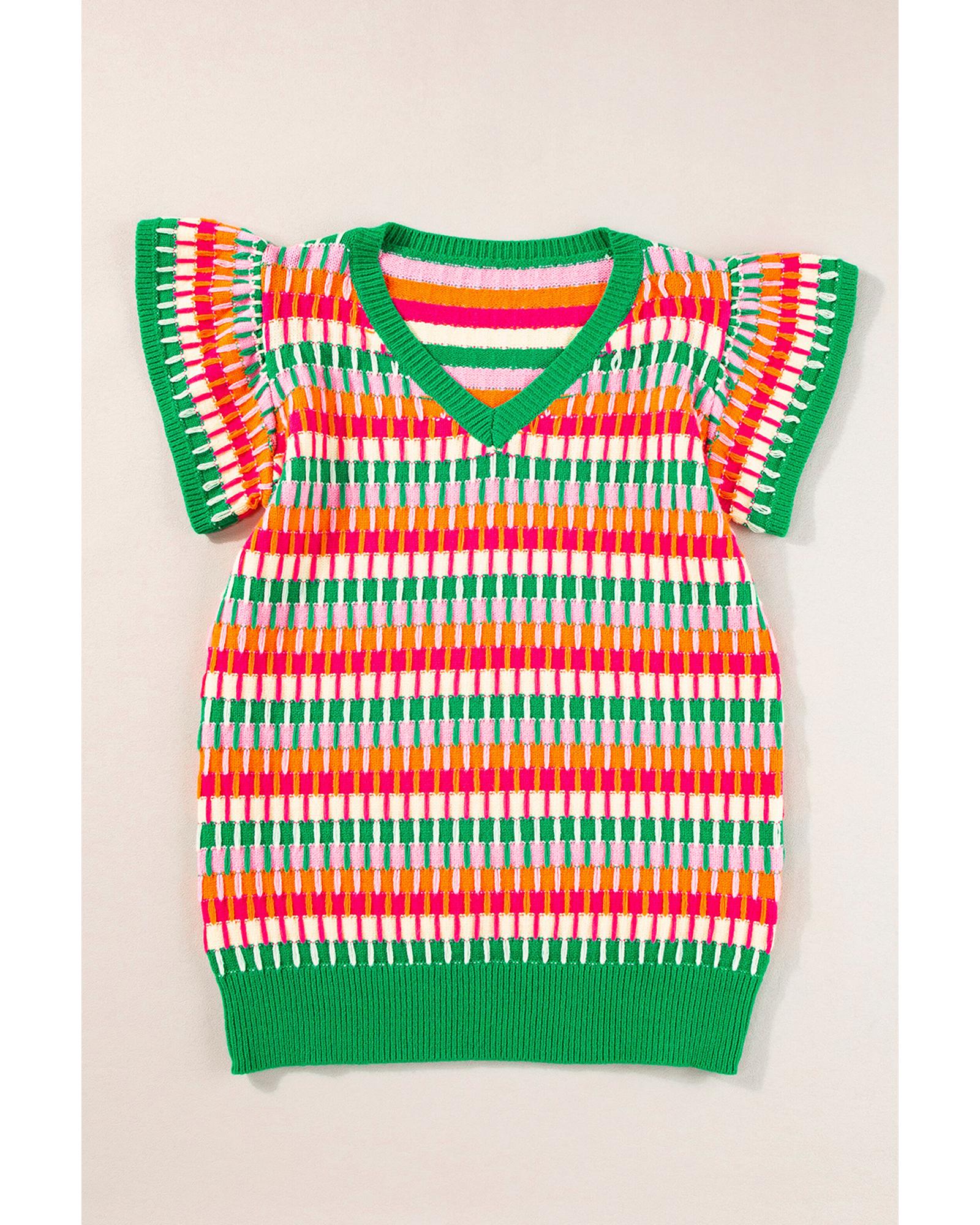 V539-AZEXDC276441-P922-M-202506140417-00 Green Multi Flutter Sleeve Knitted Sweater Top - M - Image 1