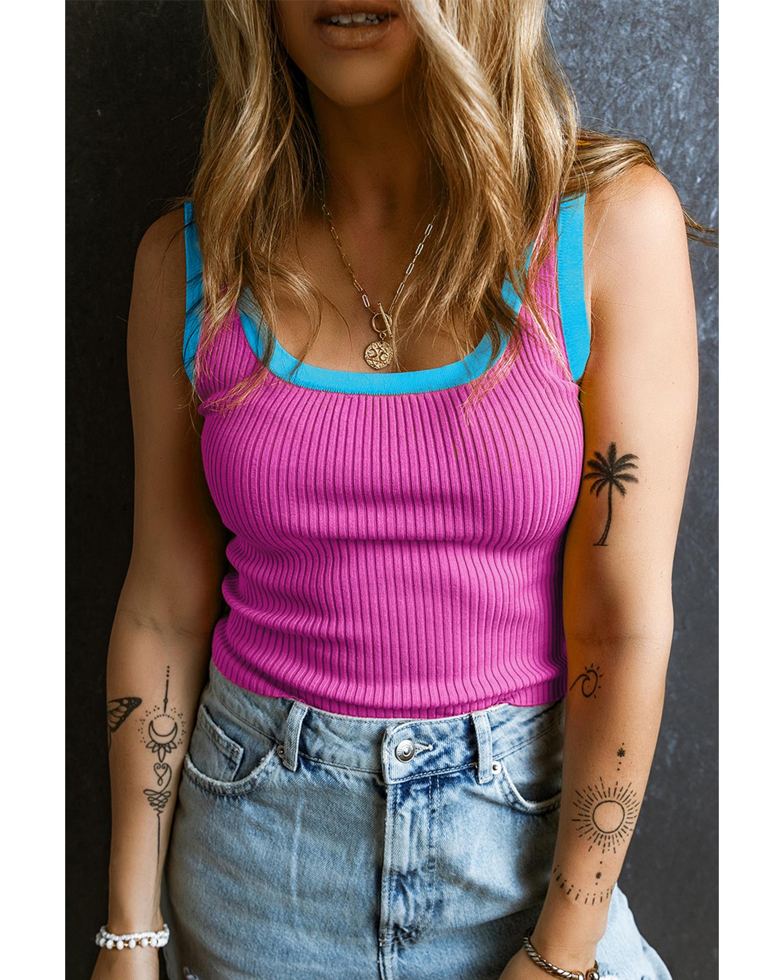 V539-AZEXDC276456-P106-M-202508280435-00 Bright Pink Colorblock Edge Ribbed Knit U Neck Tank Top - M - Image 1