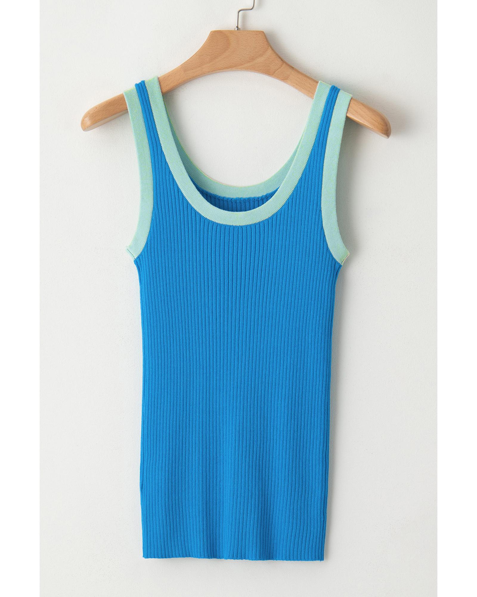 V539-AZEXDC276456-P305-XL-202508281310-00 Blue Colorblock Edge Ribbed Knit U Neck Tank Top - XL - Image 1