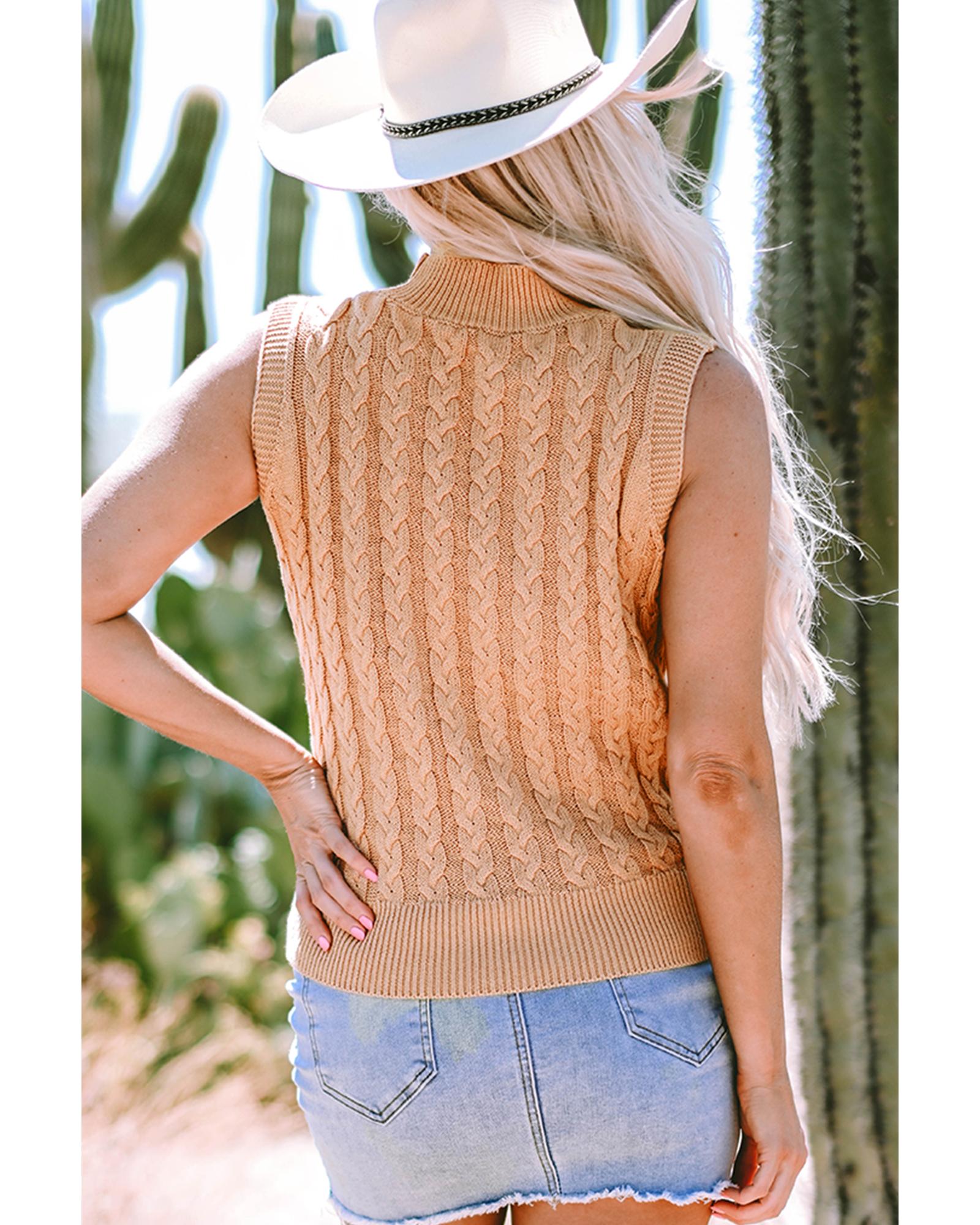 V539-AZEXDC276482-P4016-XL-202508300410-00 Light French Beige Solid Color Cable Knit High Neck Tank Top - XL - Image 1
