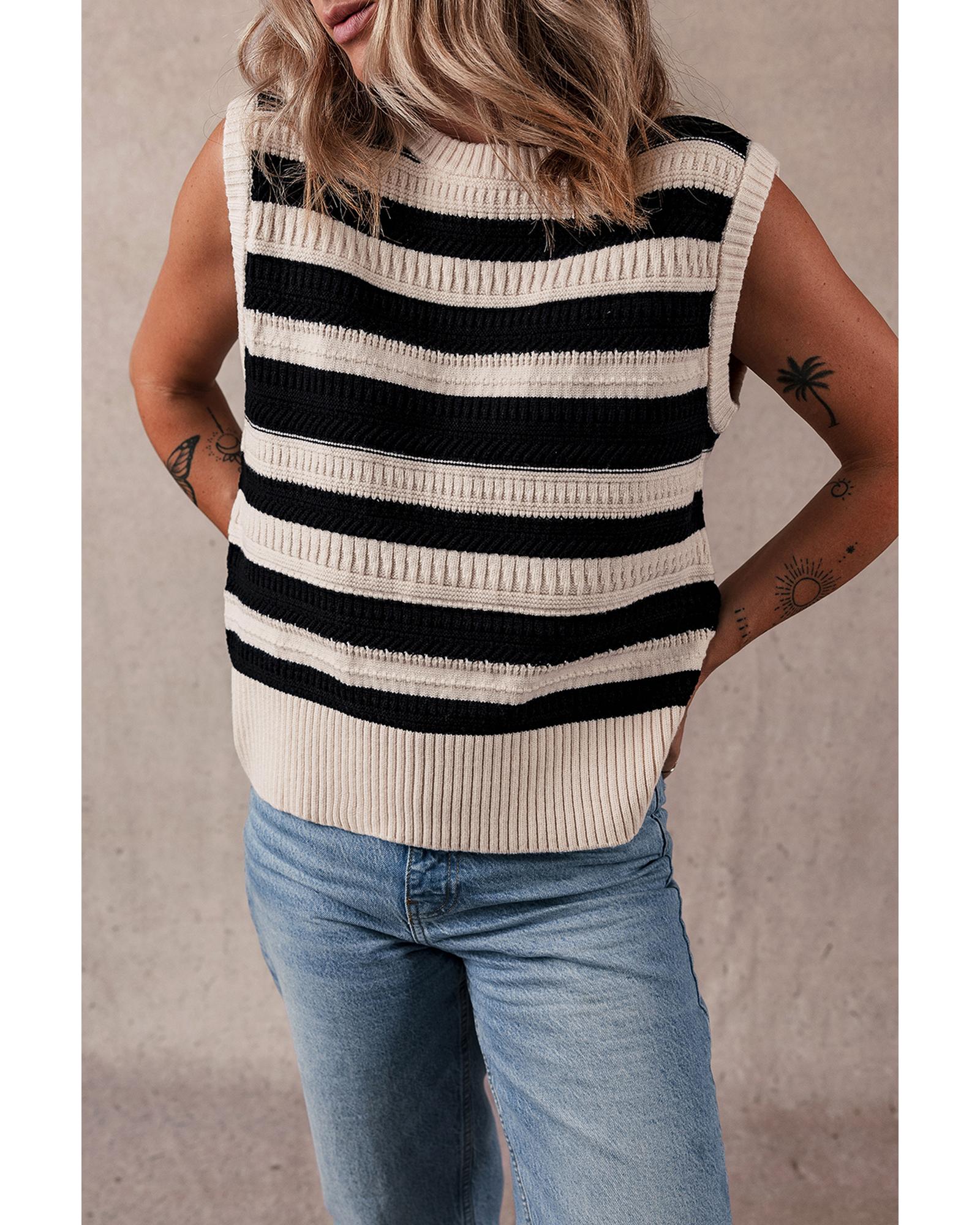 V539-AZEXDC276483-P219-XL-202508280025-00 Black Stripe Ribbed Trim Knitted Sweater Vest - XL - Image 1