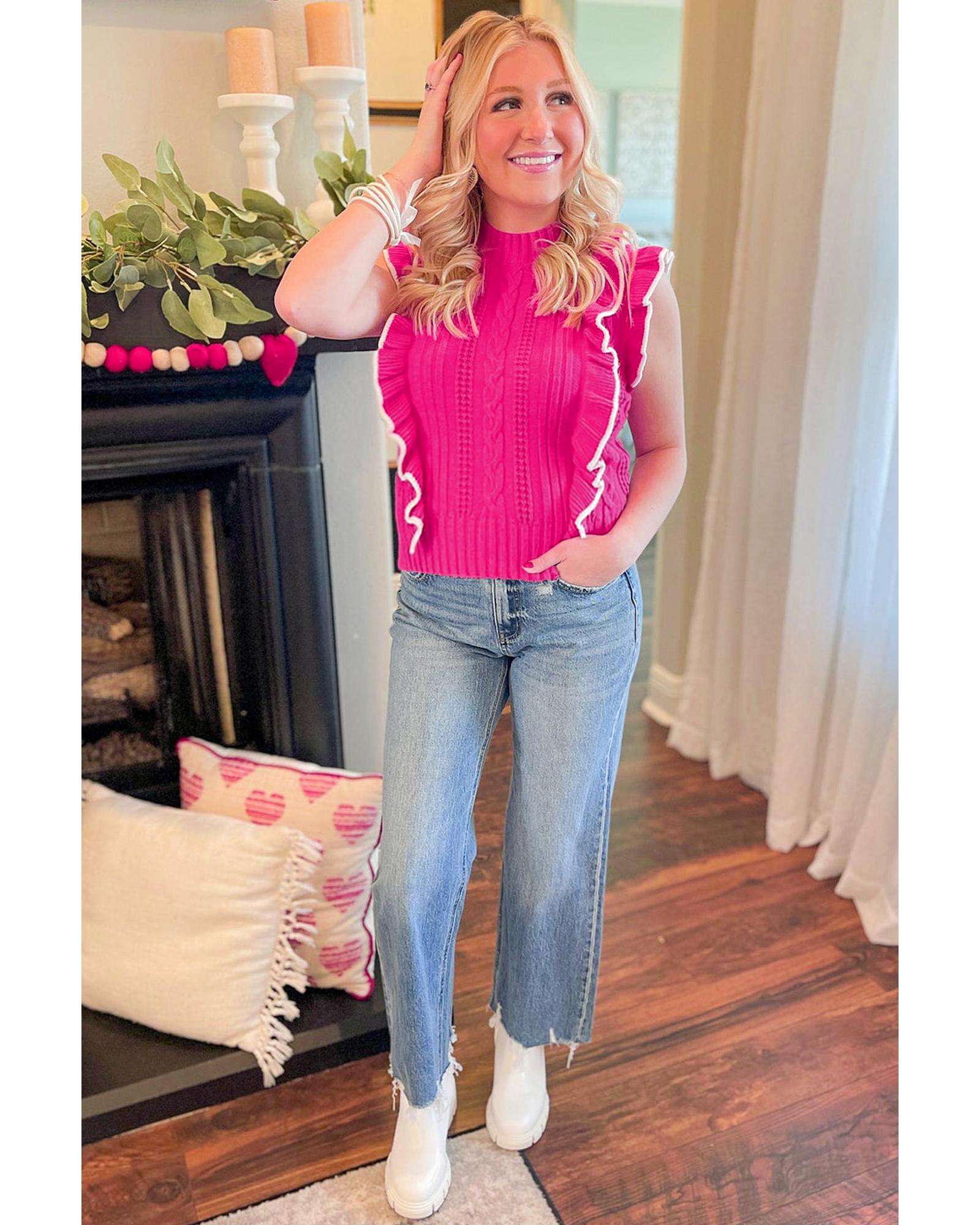 V539-AZEXDC276518-P306-L-202508281340-00 Strawberry Pink Textured Knit Ruffled Mock Neck Sweater Tank - L - Image 1