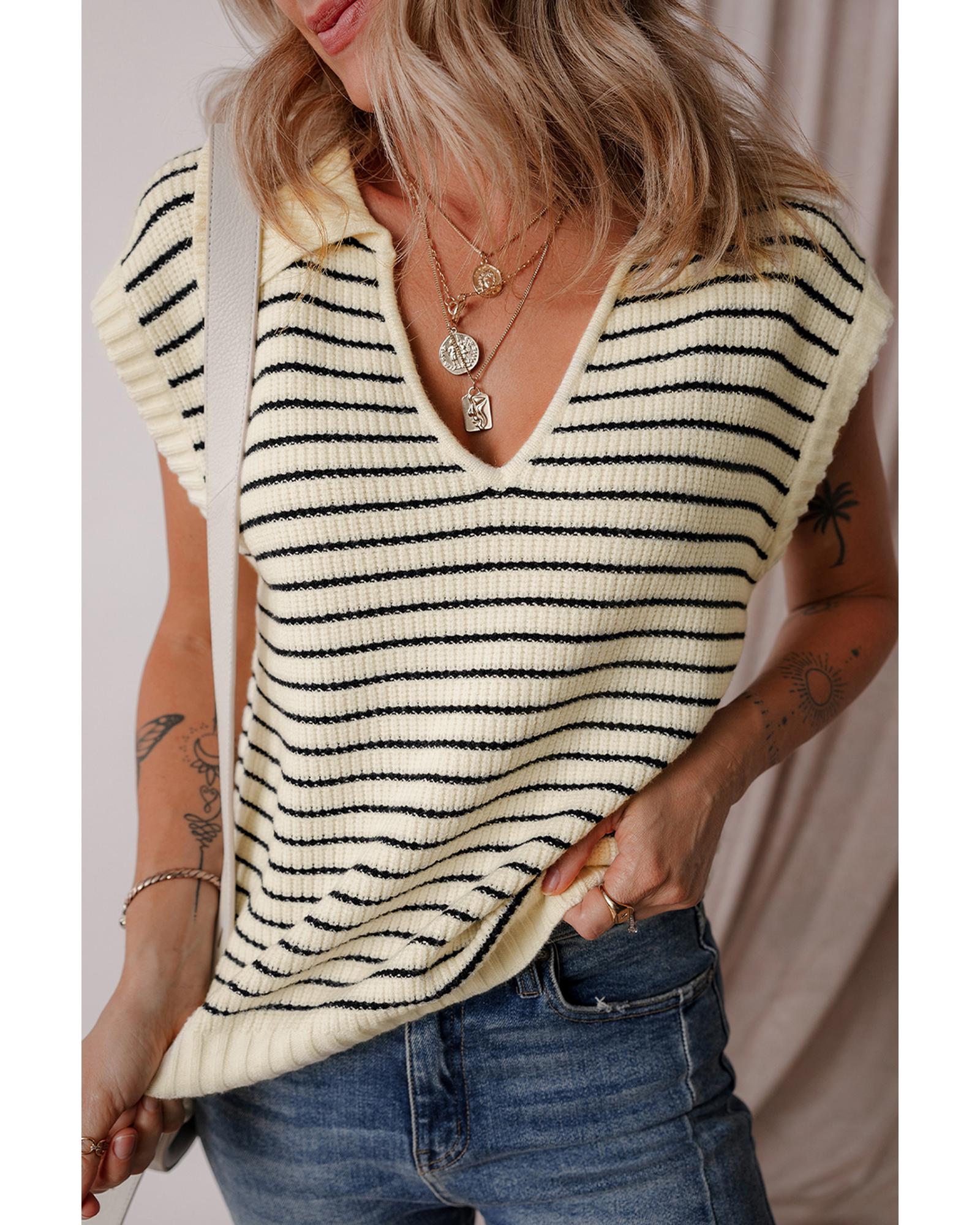 V539-AZEXDC276529-P1519-L-202508282155-00 Beige Stripe Turn-down V Neck Sweater Tank Top - L - Image 1