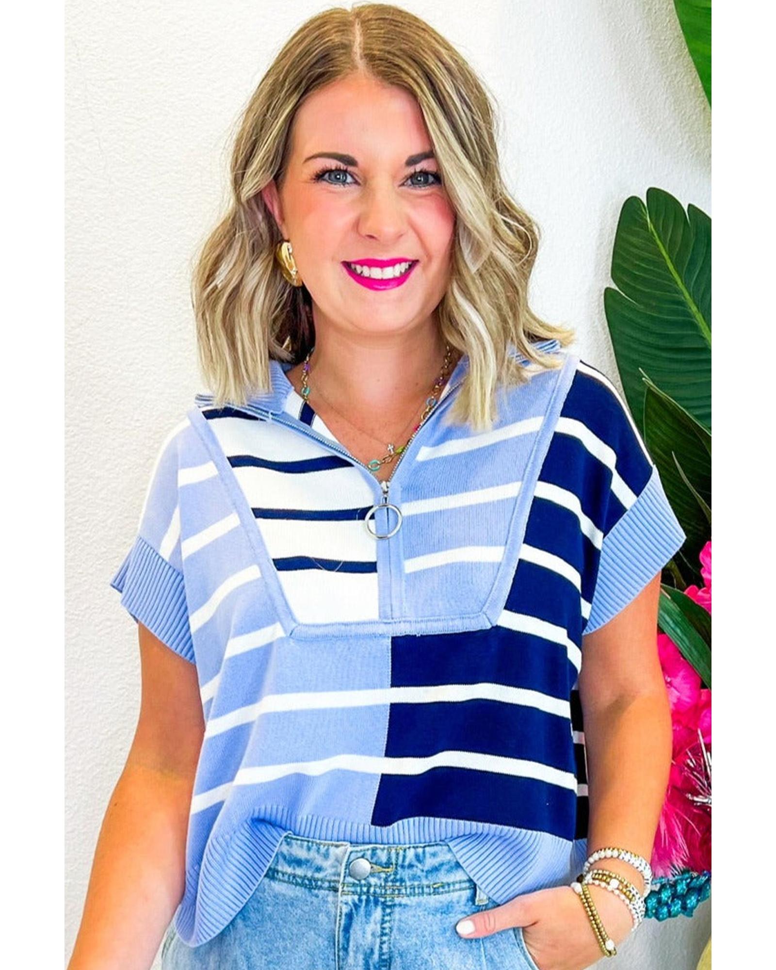 V539-AZEXDC276558-P419-L-202508280635-00 Sky Blue Stripe Colorblock Quarter Zip Collar Sweater Vest - L - Image 1